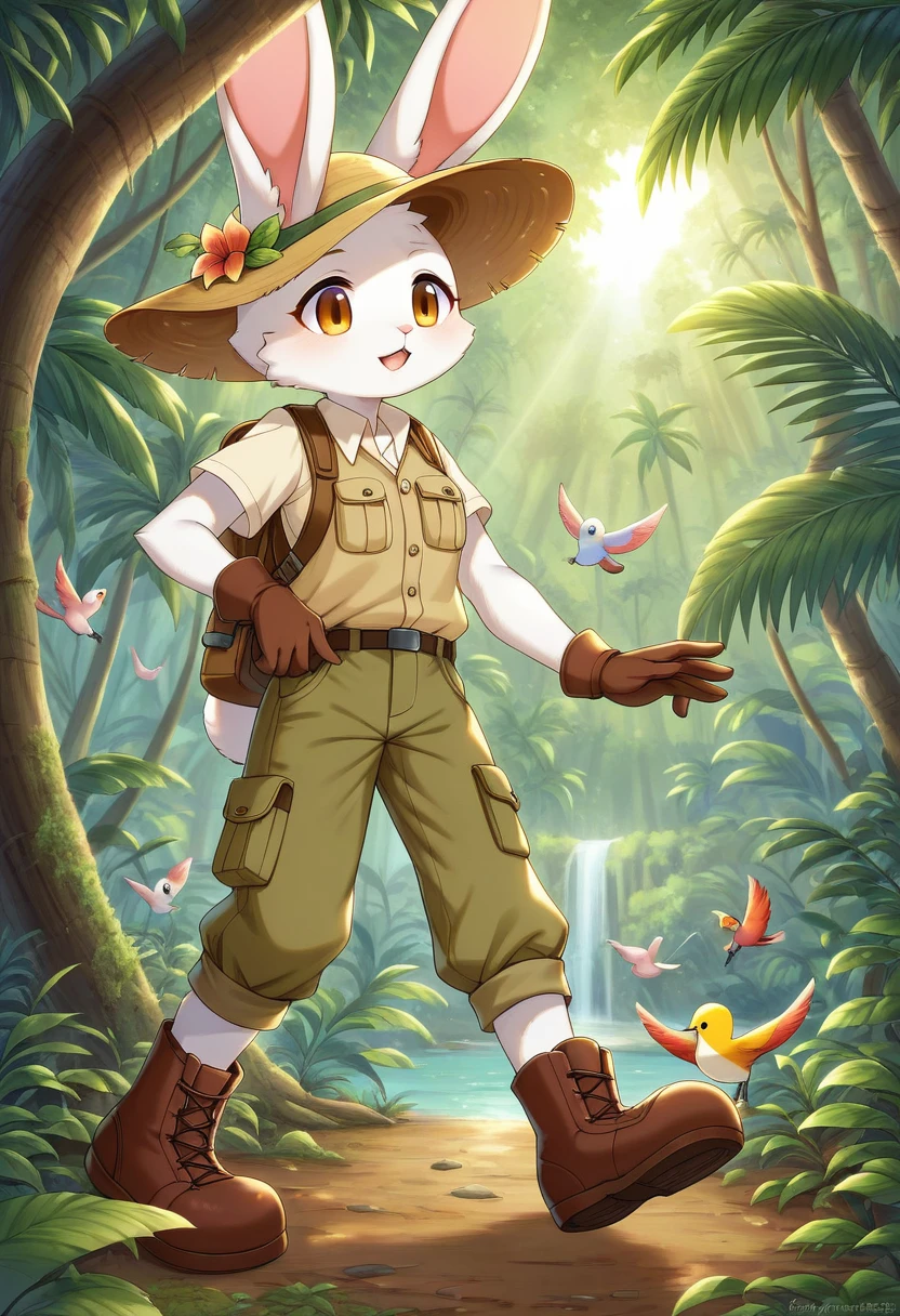 ((Masterpiece)), ((Best Quality)), (Very Detailed), ((Very Detailed)), 4K, (8K), very aesthetic, absurdres highres, 1 girl, (anthropomorphic Rabbit, furry, kemono:1.5), Adventurer, a jungle illuminated by the sunrise. A quiet and peaceful atmosphere, with giant rainforest trees and colorful birds flying between the vine-covered trees. jungle, tropical rainforest, lush trees, untouched, adventurer, detailed attire, khaki long-sleeve shirt, multi-pocket vest, cargo pants, trekking boots, gaiters, wide-brim hat, khaki backpack, gloves, morning light, colorful birds, sunlight reflection, peaceful, mysterious, exploration,