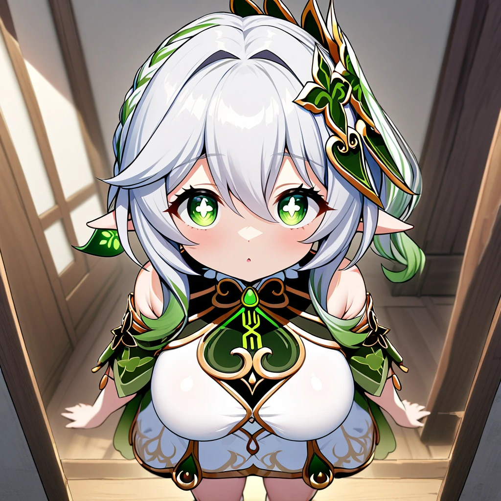 nahida(genshin),1girl,solo,super huge breasts,looking at viewer,near,standing up,Taken from the viewpoint above,upturned eyes,Shooting from the front,in room