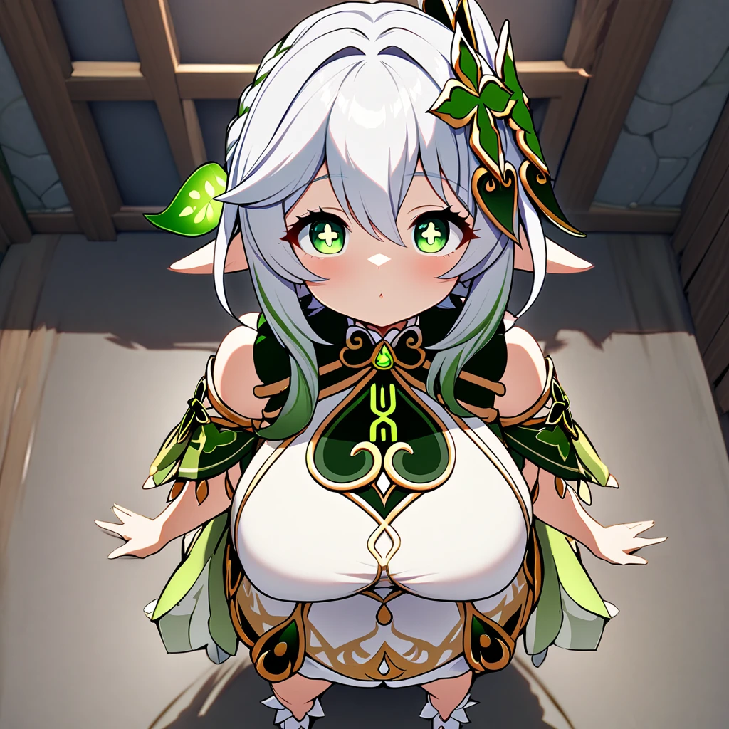 nahida(genshin),1girl,solo,super huge breasts,looking at viewer,near,standing up,Taken from the viewpoint above,upturned eyes,Shooting from the front,in room