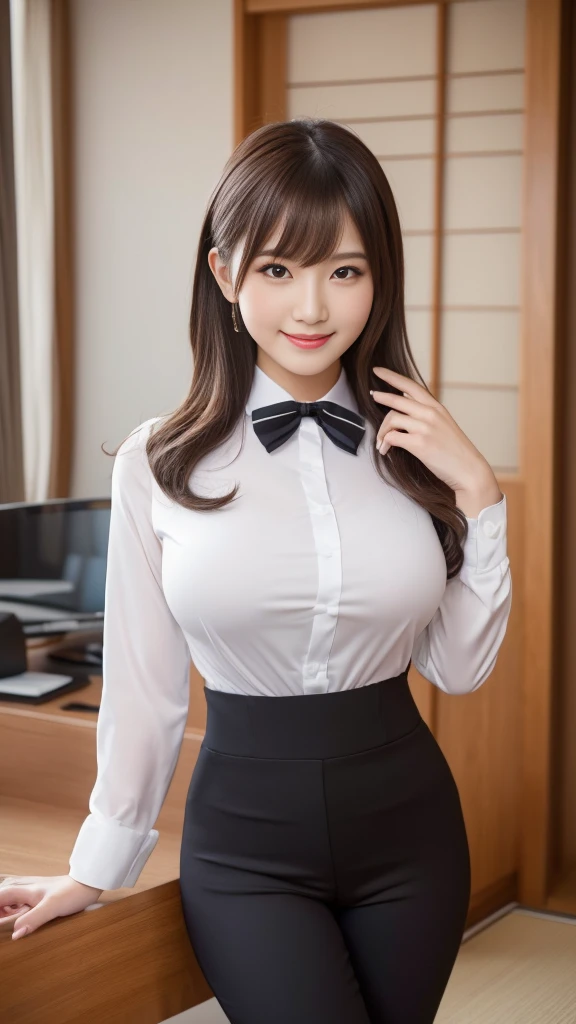 Highest quality, masterpiece, Ultra-high resolution, (Realistic:1.4), RAW Photos, Very detailed, Perfect Anatomy, とても美しいJapanese women会社員、（（Very friendly smile：1.4））、（（all body:））（Depict the whole body：1.4）Drawing from the knees up、forward leaning posture、 1 girl, Age 25, Most popular Japanese idols, ((Wearing a black business suit and tight pants、:1.2), (She is wearing a dark blue business suit over a white dress shirt.。.。.。.。.。.。.。.。.。.。.), An innocent smile, Very cute face like the most famous Japanese idol, very beautiful big black round eyes,Ribbon scarf around the neck, Very beautiful slender body, Very beautiful breasts,　Glamorous Body、 Very beautiful woman wearing black business suit pants, very beautiful thin thighs, very beautiful Realistic skin,　Looking into the camera、 A business suit with attention to detail, A good quality white dress shirt、Browsing Caution, （（very beautiful big :1.5））、Very happy smile、とてもかわいい顔のJapanese women秘書、Very embarrassed look、とても美しいJapanese women秘書、Age 25女性、Beautiful Face、　(Fine skin:1.2),　(Glowing Skin:1.1),8k,Highest quality, Tabletop, Ultra-high resolution,(Realistic:1.4), RAW Photos,(Soft Saturation:1.3),(Fair skin:1.2),1 female, Compensate,(lipstick:1.1),(eyeliner:1.1),mascara, eye shadow, Glamour, (big breasts:1.2), blonde and semi-Brown Hair, Medium Hair, Asymmetrical hair, Asymmetrical bangs ,(8k、RAW Photos、Highest quality、​Tabletop:1.2)、Age 25の美しいJapanese women、Laughter、Japanese Office Ladyさん（Open white blouse）、１men and women、Slim face、世界で最も美しいJapanese women、Very detailed顔、Beautiful Eyes、double eyelid、Kamimei、Perfect Teeth、Perfect Teeth並び、(Glowing Skin)、(Sunburned skin)、(Realistic Skin)、（big：1.4）、（Tight waist：1.4）、（大きめのButt：1.4）、（Attractive body：1.4）、（Wearing a black office lady suit：1.4、）、(8k、Pull from the knee up、RAW Photos、Highest quality、​Tabletop:1.2)、美しいJapanese women、(Fine skin:1.2),(Glowing Skin:1.1),8k,Highest quality, Tabletop, Ultra-high resolution,(Realistic:1.4), RAW Photos,(Soft Saturation:1.3),(Fair skin:1.2),1 femalel,Compensate,(eyeliner:1.2),mascara, eye shadows, Glamour, big breasts, Brown Hair, Medium Hair, Asymmetrical hair, Wavy Hair, Asymmetrical bangs, ((OL)), Black pantyhose, At the office, Japanese Office Lady, (Tight waist), (OL), (Butt) , Buttのポーズ, Nipple stand, Please take off half your clothes, Put your panties aside, pantyhose, (Front shot, big), Front view, ((Looking into the camera))、clothing） (A half-worn tight office lady suit:1.2) ,タイトスカートをPlease take off half your clothes, pantyhose, （（Highest quality））， （（Intricate details））， （（ultra Realistic realism））， Stupid solution， Japanese women, Age 25，Natural Makeup, lipsticks， Very detailed， Raising awareness， 1 girl， （Tight waist）、（大きめのButt:1.引き締まったButt:1.Perfect Thighs）、（Perfect Legs）、（Perfect Legs）、Perfect hands， Finger details， 細くてBeautiful Eyes， Name tag，