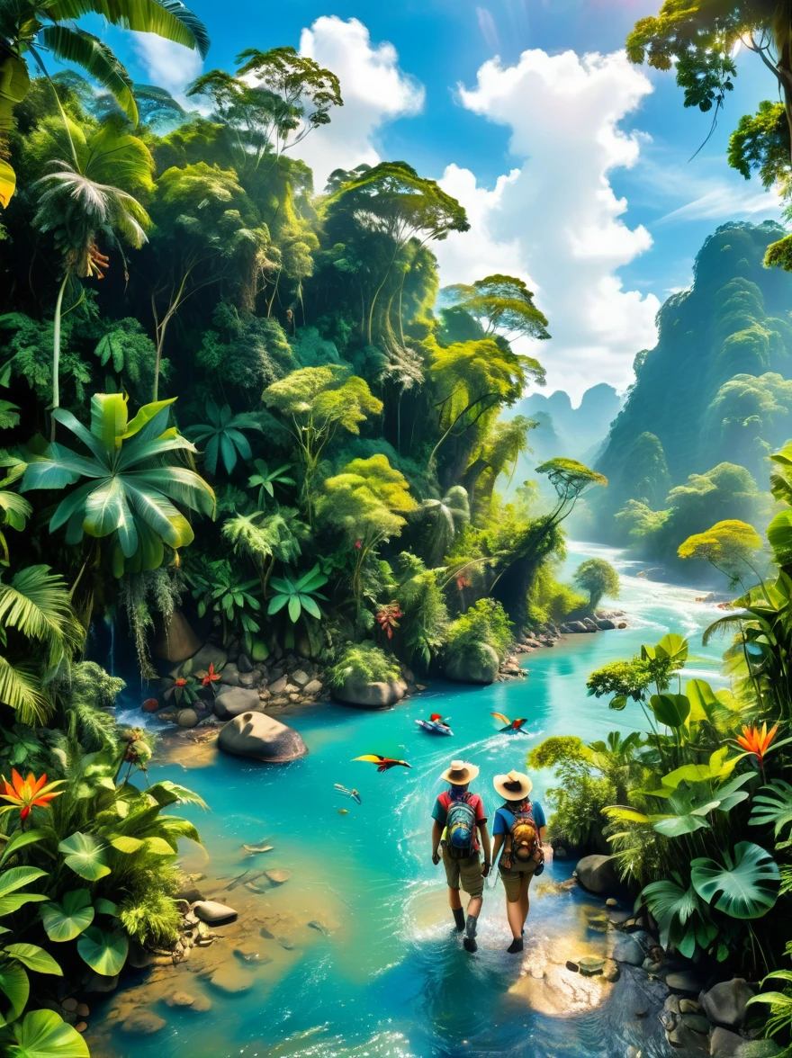 Imagine a colorful jungle adventure scene。(A man and a woman:1.9)，(Both are explorers.，Searching for treasure in the jungle:1.9)，They are surrounded by lush green foliage and colorful exotic flowers.。A brightly colored parrot perched nearby，Bright blue sky in the background can be seen through the jungle canopy，A fast-flowing river runs through the land，The river water sparkles in the tropical sun，This picture should sum up the excitement and beauty of exploring the tropical jungle.