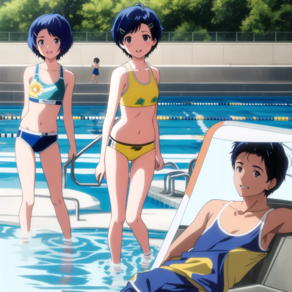 ai ohto, short hair,odo eyes, hairclip,yellow bikini , sports bra, smile, pool, (Water ripple effect around the body:1.3)