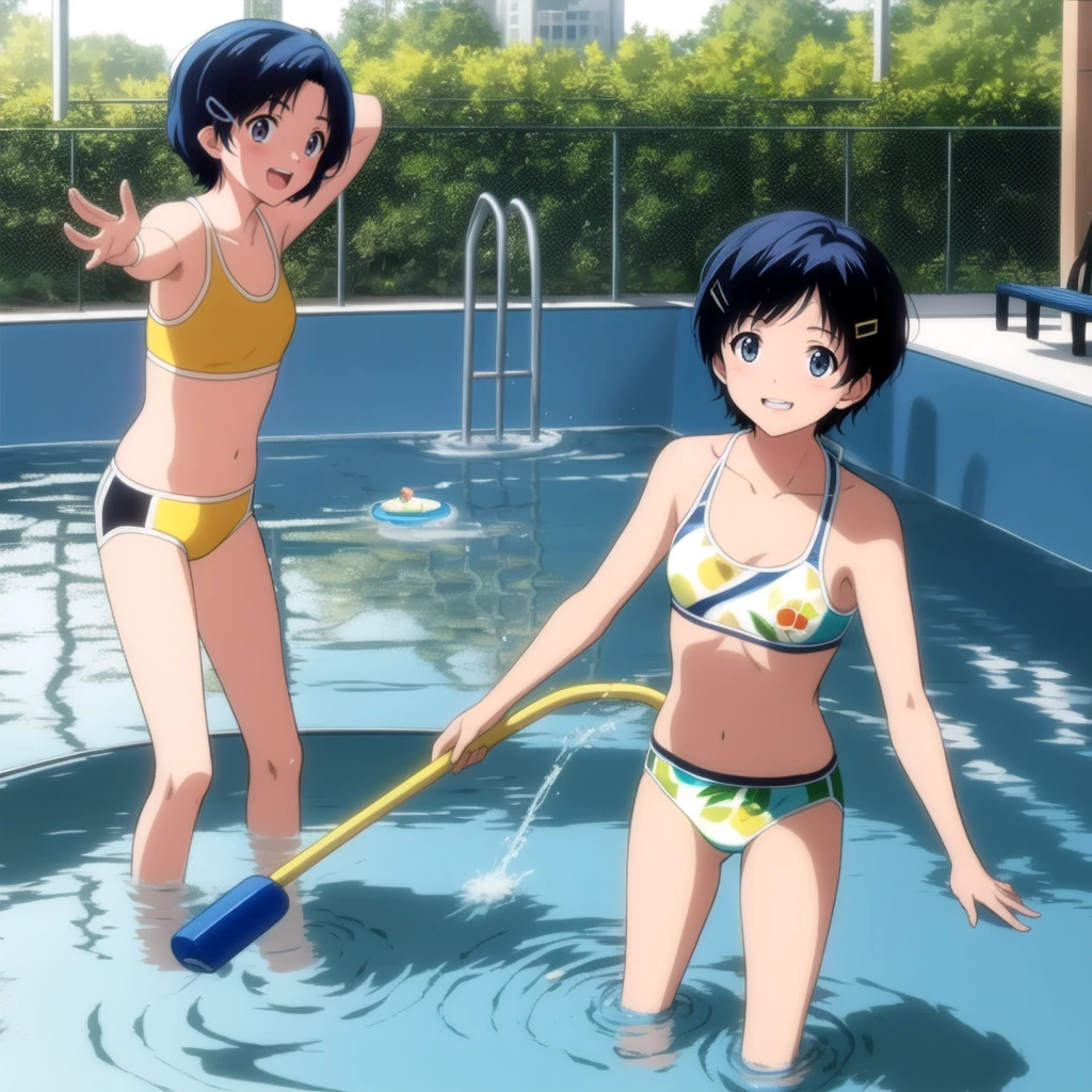 ai ohto, short hair,odo eyes, hairclip,yellow bikini , sports bra, smile, pool, (Water ripple effect around the body:1.3)