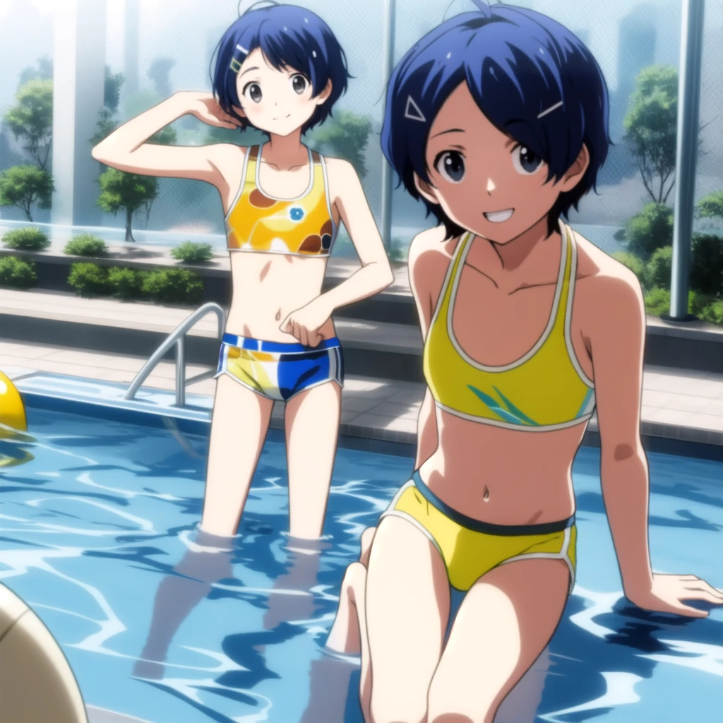 ai ohto, short hair,odo eyes, hairclip,yellow bikini , sports bra, smile, pool, (Water ripple effect around the body:1.3)