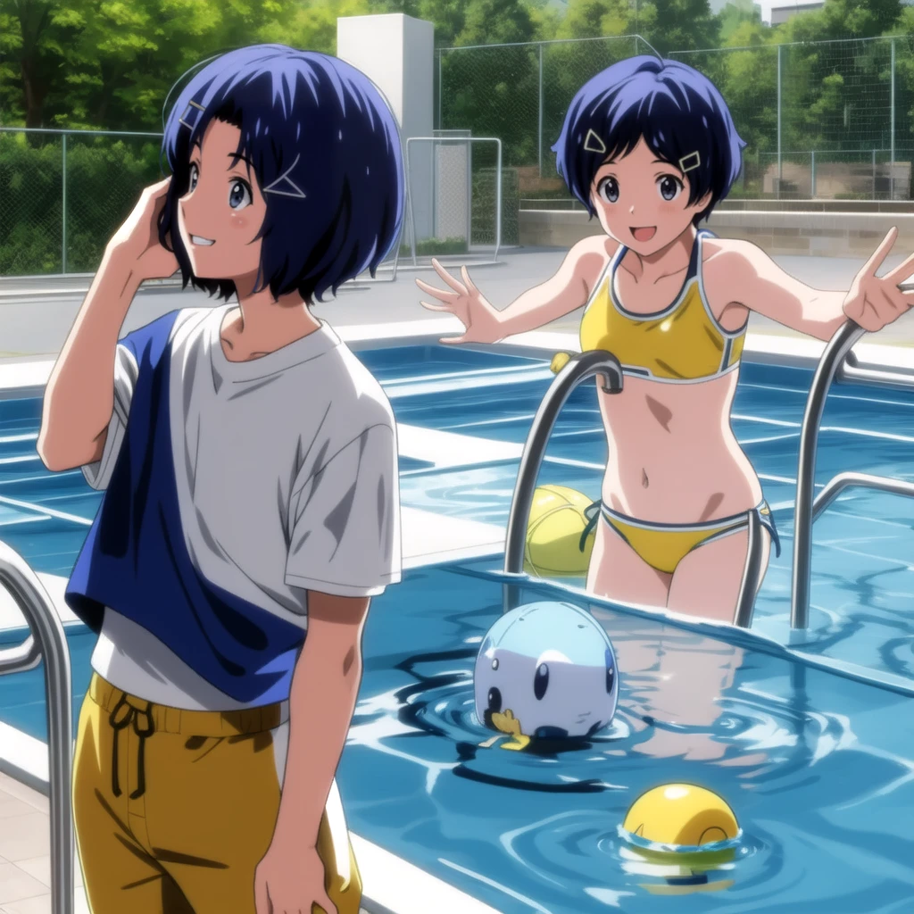 ai ohto, short hair,odo eyes, hairclip,yellow bikini , sports bra, smile, pool, (Water ripple effect around the body:1.3)