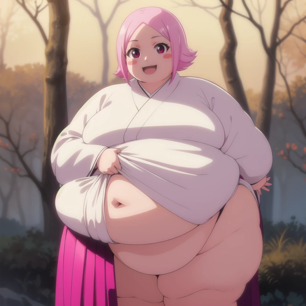 yachirukusajishi, yachiru kusajishi, short hair, pink hair, (pink eyes:1.5), blush stickers, open mouth, forehead,
BREAK long sleeves, japanese clothes, hakama, black hakama,
BREAK outdoors,
BREAK looking at viewer, (cowboy shot:1.5),
BREAK (masterpiece:1.2), best quality, high resolution, unity 8k wallpaper, (illustration:0.8), (beautiful detailed eyes:1.6), extremely detailed face, perfect lighting, extremely detailed CG, (perfect hands, perfect anatomy), standing, smile, blush, solo, 1girl, SSBBW yachiru kusajishi, big cheeks, ssbbw, severely obese, 600lbs obese female, no pupils, ultra detailed, masterpiece, best quality, aesthetic, detailed, Fluffy and Fat Face, Big Butt, Big Cheeks, Obese Body, Sexy, Obese Girl, Happy, Cute Expression, Very Hot, bbwchan, nsfw art, manhwa, oppai proportions, she has a jiggly fat round belly, body swelling about to explode, thicc, with a large breasts, doujin, very thick thighs, obese arms, obese belly, big cheeks, Slob body, orgasm, erotic smile, Beautiful nipples, pussy, Sexy posture, ahegao