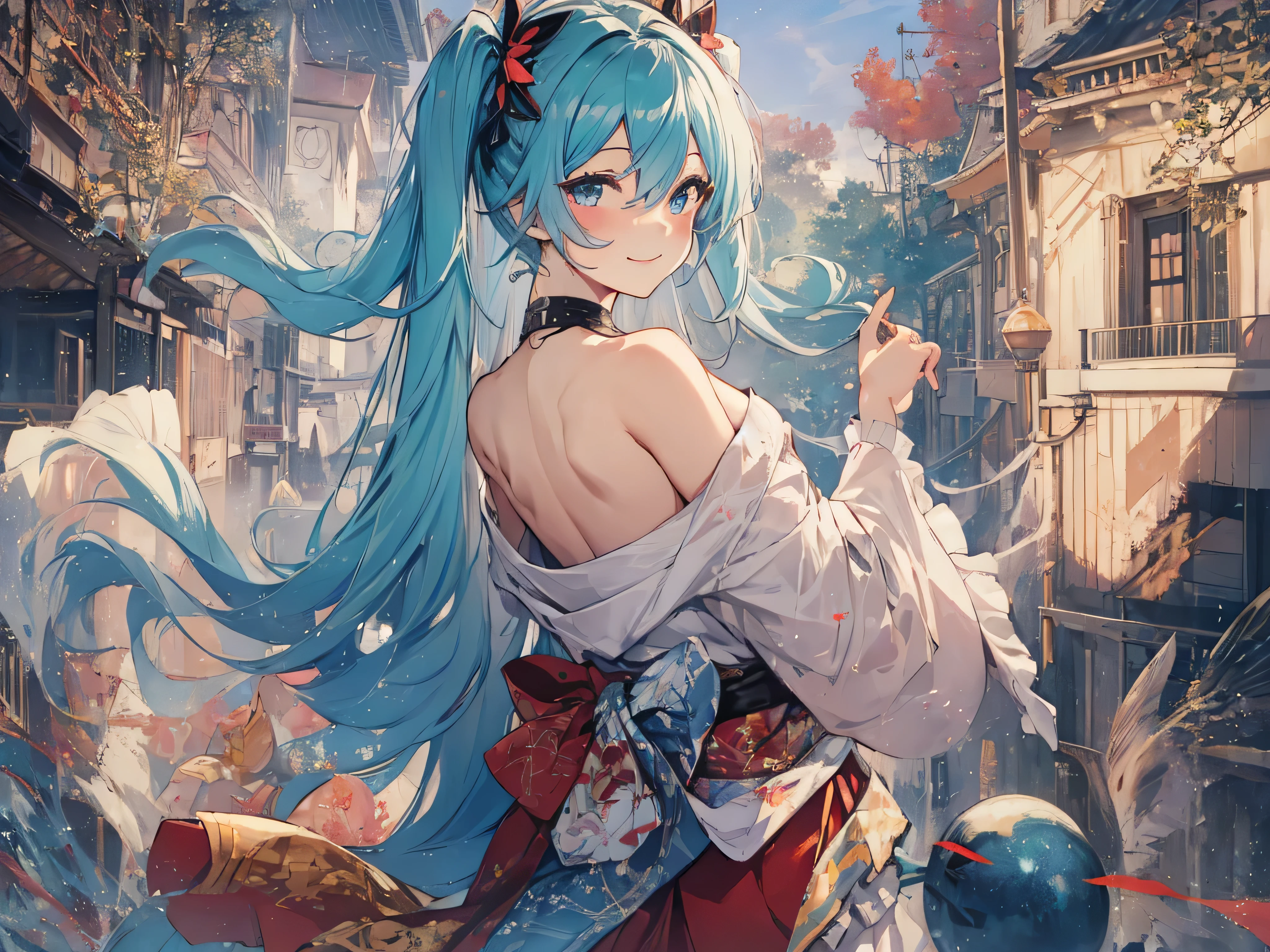 soles, masterpiece, Hatsune Miku, 1 person, solo, hair inhalation, face up, blue sky, glow white particle, (sidelighting:1.2), sun rise , pink cloud, detailed clouds, slender, Lovely small exposed large breasts, super cute smile with teeth, red cheek, blushing, beautiful green hair, magic light, deep shiny blue eyes, cute girly pause, Draw your breasts inward and push them up, choker, extremely beautiful see-through kimono, kimono, from behind, off shoulder, shoulder blades , exposed breasts, exposed nopples, green tie ,super detailed beautiful Kyoto view background, sunset view, wide shot, giving peace sign, jumping, fun, full body
