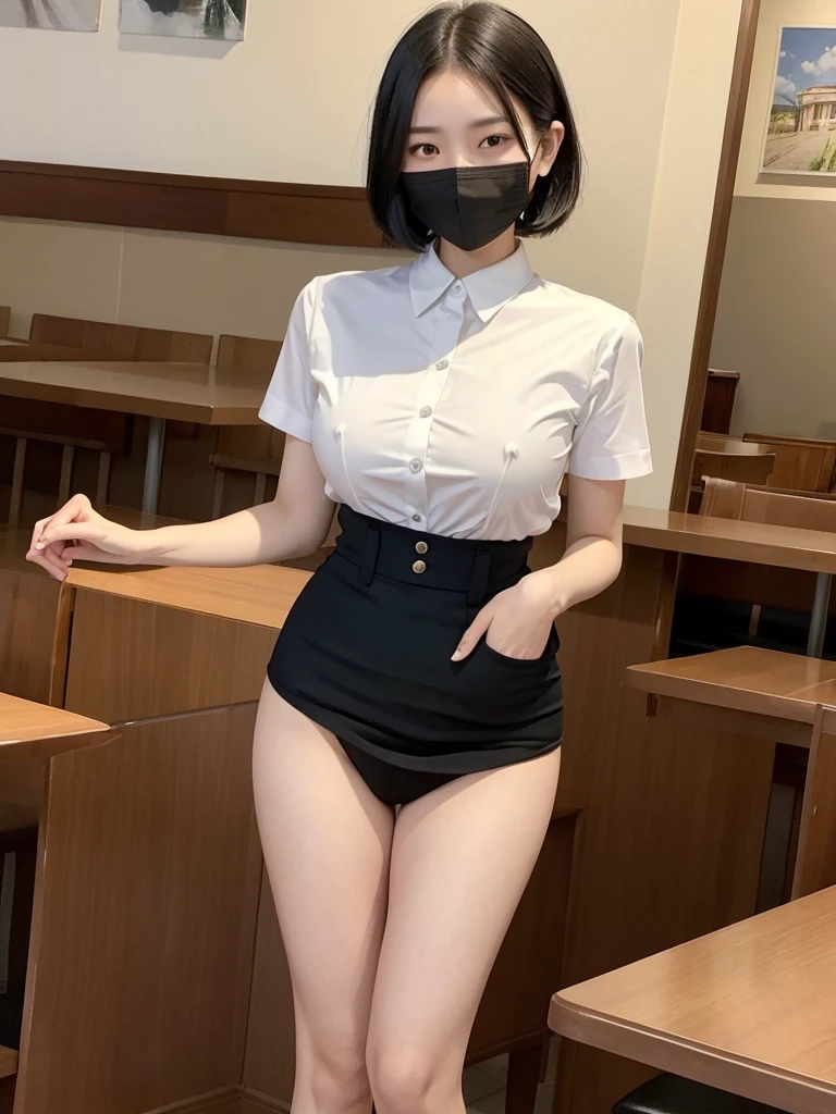 Highest quality、masterpiece、8k、Very detailed、Realistic、Looking at me with a smile、whole body、Black Hair、Short Hair、Small face、Slender、(Very large breasts:1.2)、Thin and beautiful legs、narrow and constricted waist,、(Family Restaurant Uniforms:1.2)、A tight-fitting white shirt with buttons and a collar、A short, black, high-waisted skirt、(Nobody background:1.2)、mask、See-through、Erect nipples、No sleeve