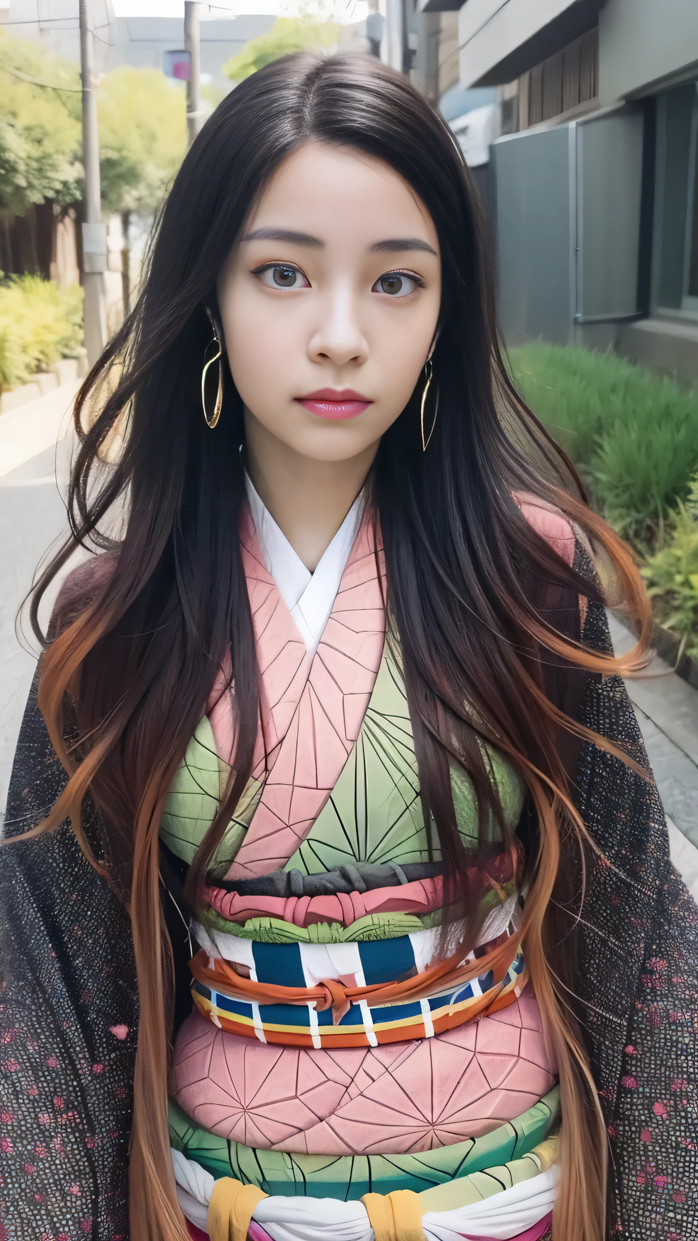 Cute Japanese woman, (), (Very cute face: 1.3), White moist skin, Looking at the camera, Melancholy expression,
BREAK,
Idol,
BREAK,
(Wearing cute kimono: 1.3), (Highly revealing kimono), Very large earrings, Short length,
BREAK,
(Fighting pose: 1.3),
BREAK,
(Long hair), (Pink hair: 1.2), (Wavy hair), (Gradient hair: 1.3), (Red hair at the ends),
BREAK,
(Realistic: 1.3), Masterpiece, Perfect lighting, (Ultra-high resolution), (8K), (Very detailed: 1.4), (From the front), (Full body: 1.3), (Symmetrical: 1.2),
BREAK,
(Japanese city streets: 1.2),
BREAK,
(Demon Slayer: 1.4),
BREAK,
(Hirose Suzu: 1.2),