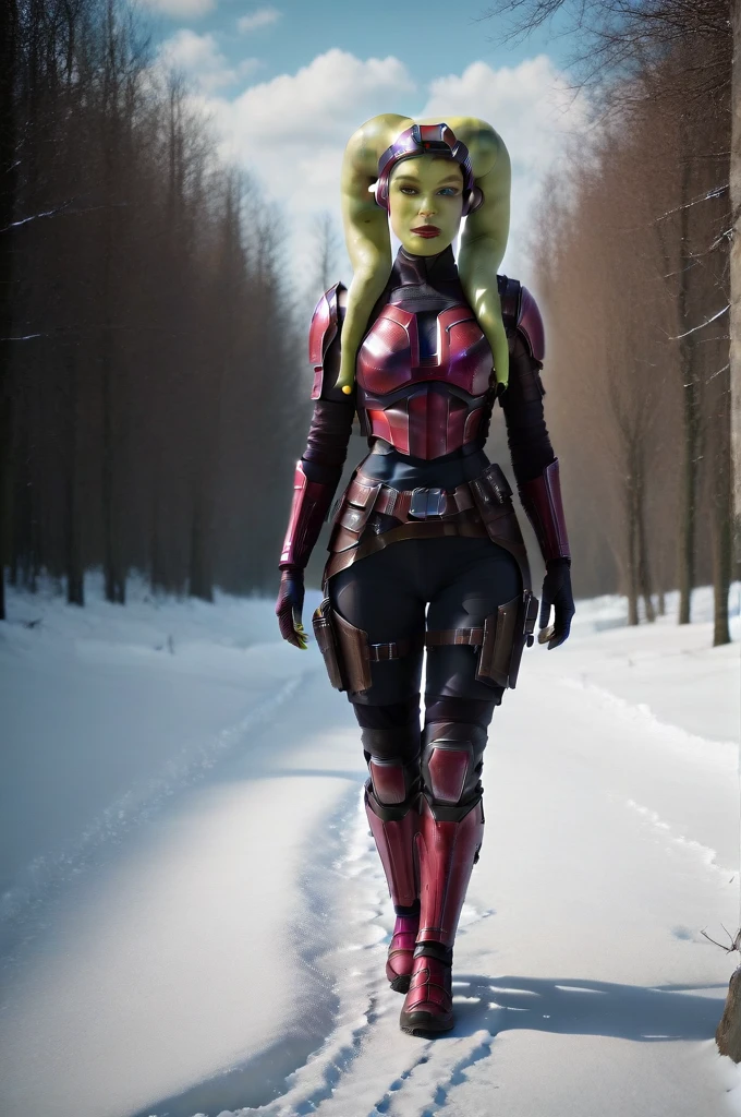 a ((fall body)) (((hera syndulla))) ((green skin )) ((female twi'lek ))mandalorian,walking on snow, ((green fire hand)) , beautiful detailed eyes, beautiful detailed lips, extremely detailed face, long eyelashes, mandalorian armor, sci-fi, cinematic lighting, dramatic, epic, intricate details, hyper-realistic, 8k, high-quality, photorealistic
