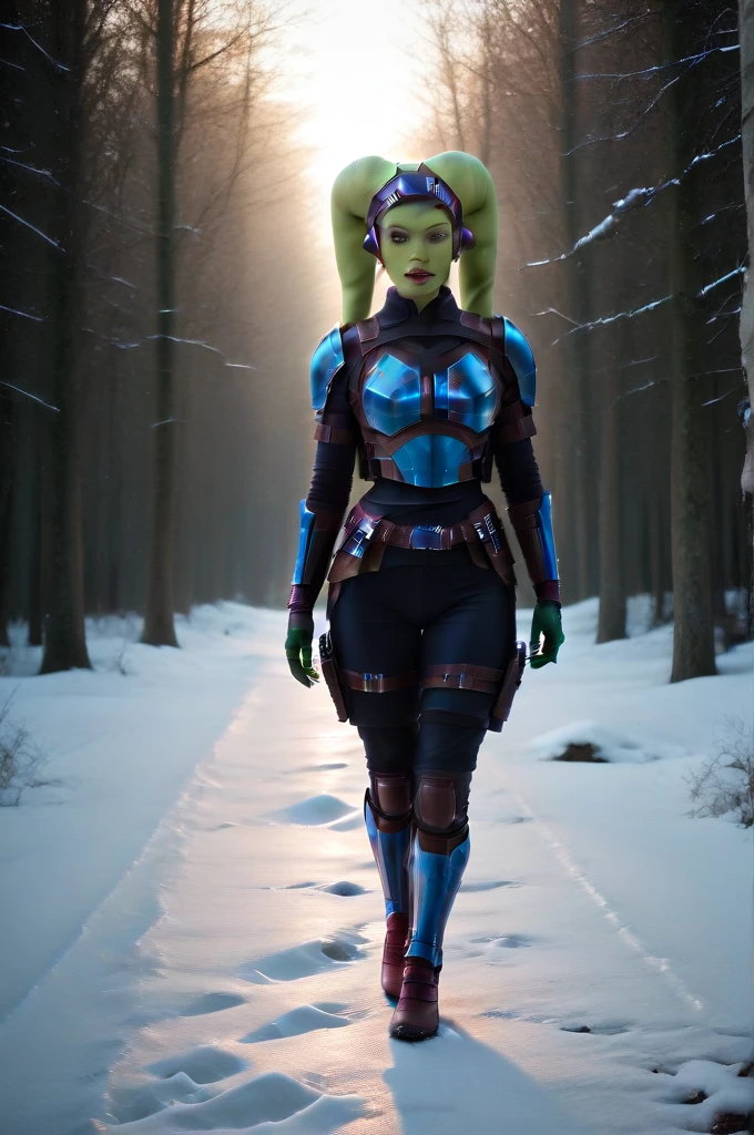 a ((fall body)) (((hera syndulla))) ((green skin )) ((female twi'lek ))mandalorian,walking on snow, ((green fire hand)) , beautiful detailed eyes, beautiful detailed lips, extremely detailed face, long eyelashes, mandalorian armor, sci-fi, cinematic lighting, dramatic, epic, intricate details, hyper-realistic, 8k, high-quality, photorealistic
