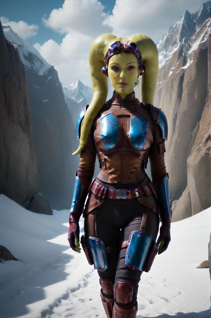 a ((fall body)) (((hera syndulla))) ((green skin )) ((female twi'lek ))mandalorian,walking on snow, ((green fire hand)) , beautiful detailed eyes, beautiful detailed lips, extremely detailed face, long eyelashes, mandalorian armor, sci-fi, cinematic lighting, dramatic, epic, intricate details, hyper-realistic, 8k, high-quality, photorealistic
