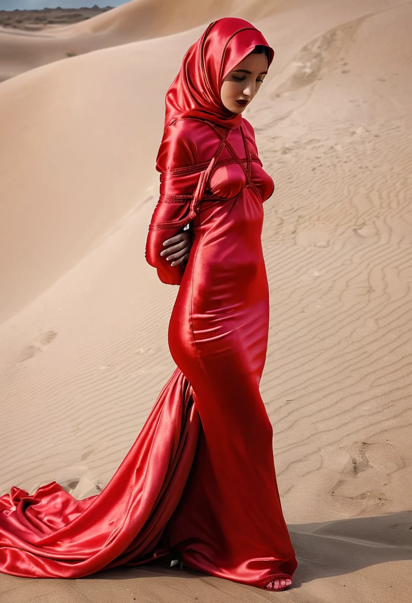 a sexy a woman covered in red satin cloth, mummified in satin, tied tight in satin, shape like mermaid gown, tight in leg, wearing a satin hijab, the satin is very long, forming the curve of the body,dramatic flowy satin,strugle to move,full body, wear high heel, strugle to walk, masterpice, in desert, satin blow by wind,4k resolution, ultra-realistic, highly detail, great lightning.