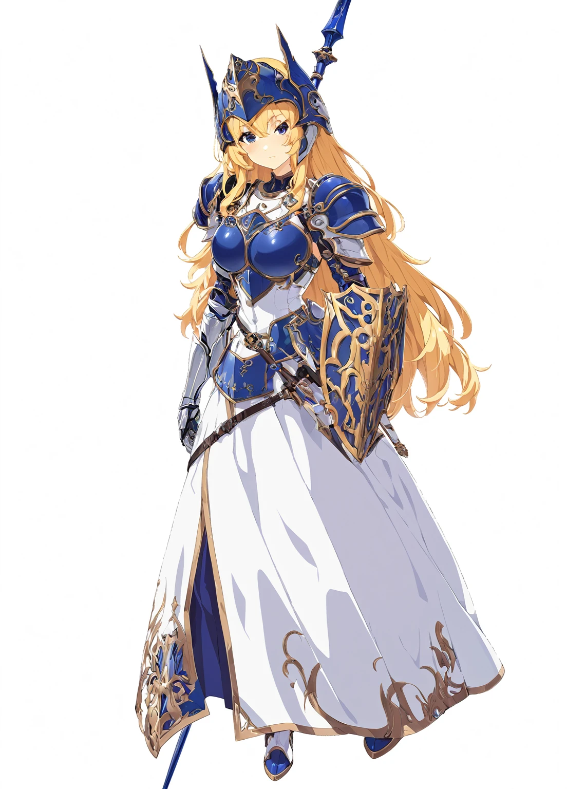 high quality, high resolution, high qualityのゲームアートスタイル, whole body,valkyrie,perfect hand,Official Art, Smooth game CG art, Visual Novel Sprites, White background,Smooth game CG art, (((Woman with a gun))),Woman wearing a white dress and blue armor, An intricately designed helmet with white feathers,Small shield, (((In his right hand he holds an elaborate spear))),Exquisite Blue Armor,Golden Hair, long hair, female knight, Rin々Shii,Large Bust,20-year-old,
