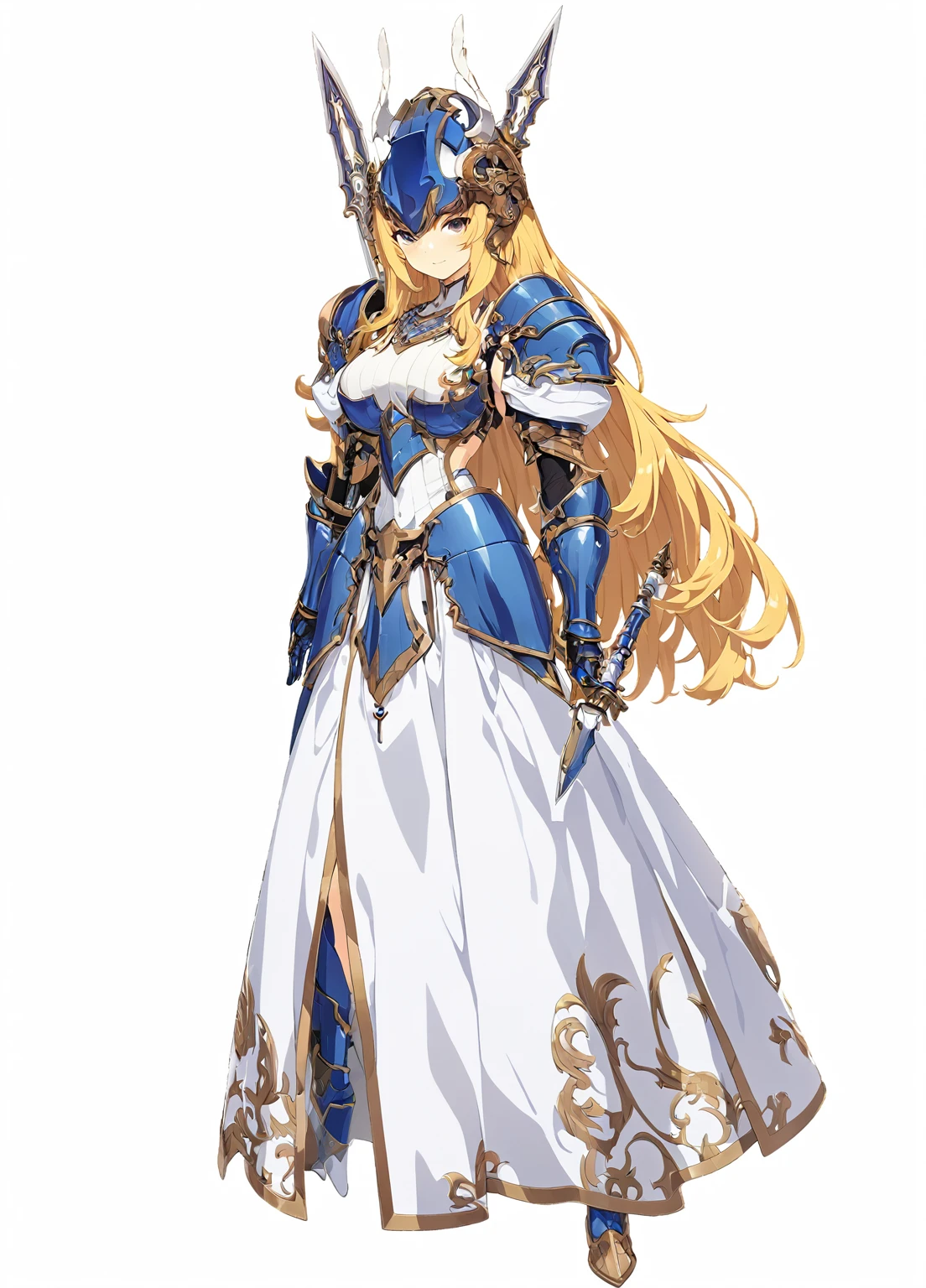 high quality, high resolution, high qualityのゲームアートスタイル, whole body,valkyrie,perfect hand,Official Art, Smooth game CG art, Visual Novel Sprites, White background,Smooth game CG art, (((Woman with a gun))),Woman wearing a white dress and blue armor, An intricately designed helmet with white feathers,Small shield, (((In his right hand he holds an elaborate spear))),Exquisite Blue Armor,Golden Hair, long hair, female knight, Rin々Shii,Large Bust,20-year-old,