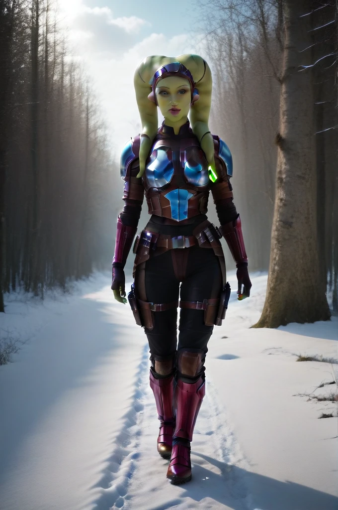 a ((fall body)) (((hera syndulla))) ((green skin )) ((female twi'lek ))mandalorian,walking on snow, ((green fire hand)) , beautiful detailed eyes, beautiful detailed lips, extremely detailed face, long eyelashes, mandalorian armor, sci-fi, cinematic lighting, dramatic, epic, intricate details, hyper-realistic, 8k, high-quality, photorealistic
