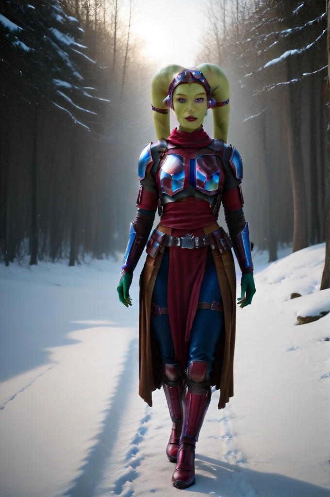 a ((fall body)) (((hera syndulla))) ((green skin )) ((female twi'lek ))mandalorian,walking on snow, ((green fire hand)) , beautiful detailed eyes, beautiful detailed lips, extremely detailed face, long eyelashes, mandalorian armor, sci-fi, cinematic lighting, dramatic, epic, intricate details, hyper-realistic, 8k, high-quality, photorealistic