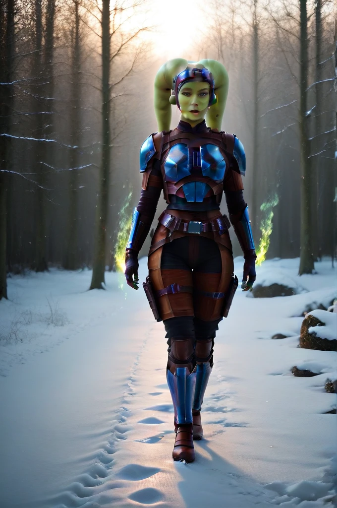 a ((fall body)) (((hera syndulla))) ((green skin )) ((female twi'lek ))mandalorian,walking on snow, ((green fire hand)) , beautiful detailed eyes, beautiful detailed lips, extremely detailed face, long eyelashes, mandalorian armor, sci-fi, cinematic lighting, dramatic, epic, intricate details, hyper-realistic, 8k, high-quality, photorealistic
