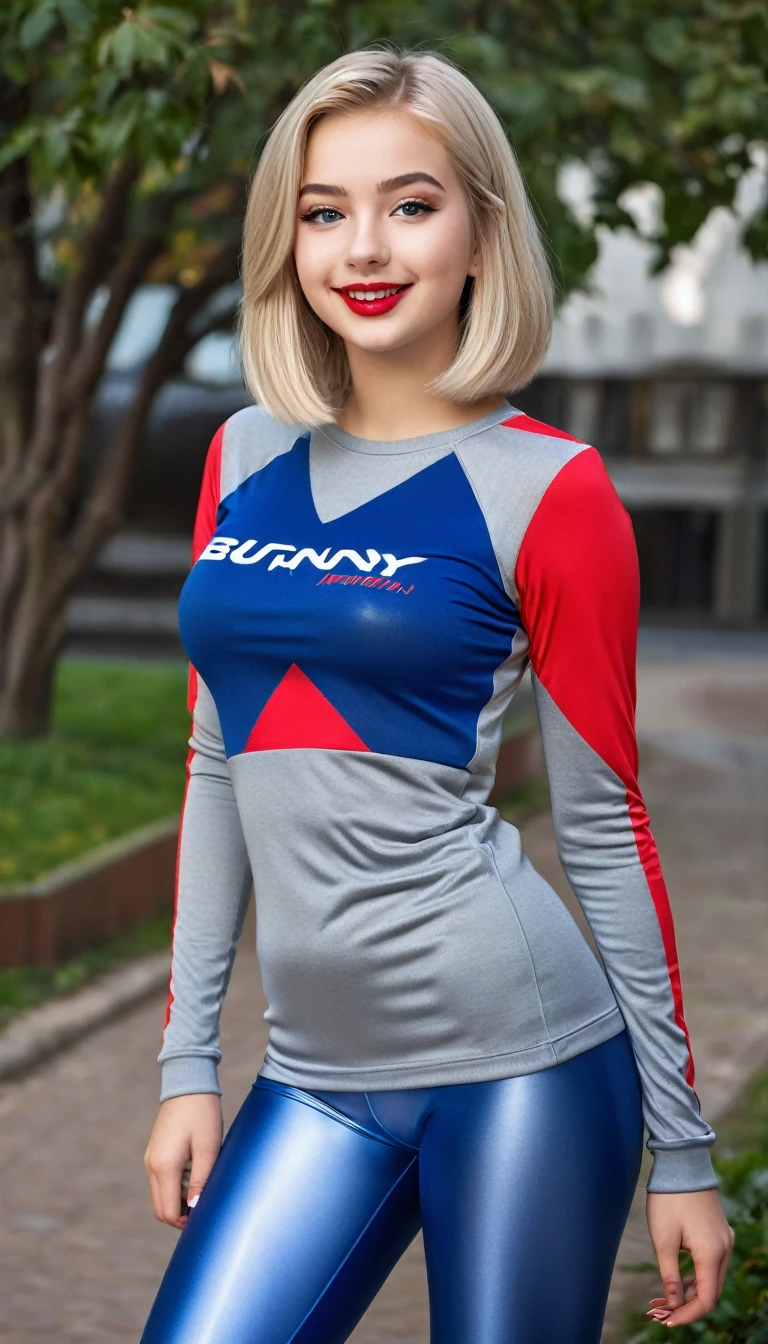 ultrarealistic high quality fullbody photo of a beautiful busty athletic european 18-year-old girl with cute hyperdetailed shy happy face and shoulder length platin-blonde classic bob and long legs, realistic round eyes, red lipgloss, decent makeup with eyeliner, wearing shiny grey spandex longsleeve and metallic blue spandex leggins, hourglass body, outdoor photography, sunny day