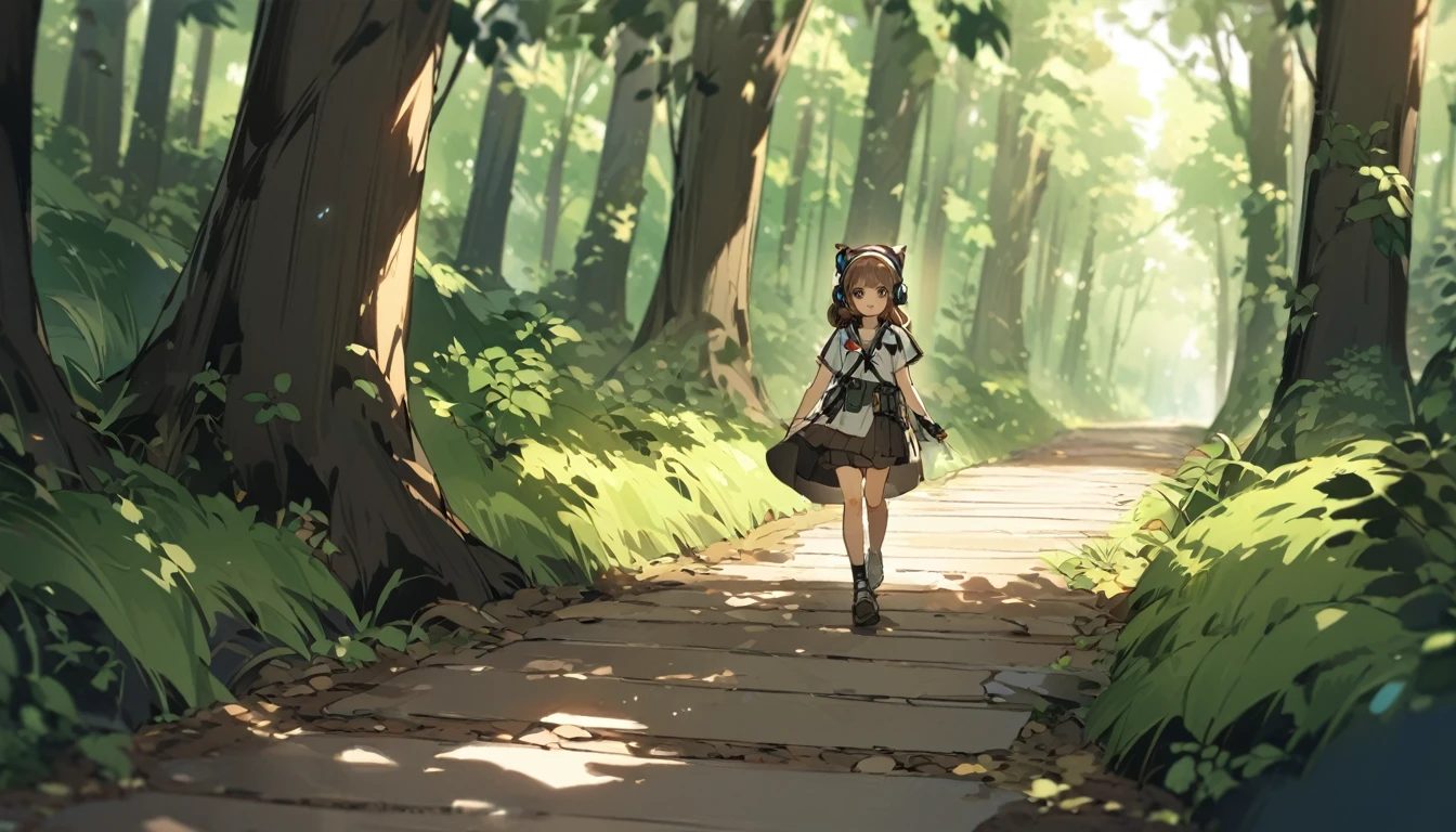 Brown Hair。1 person。bright。Walking along a path in the forest、A girl wearing headphones, occasionally stopping to look around。