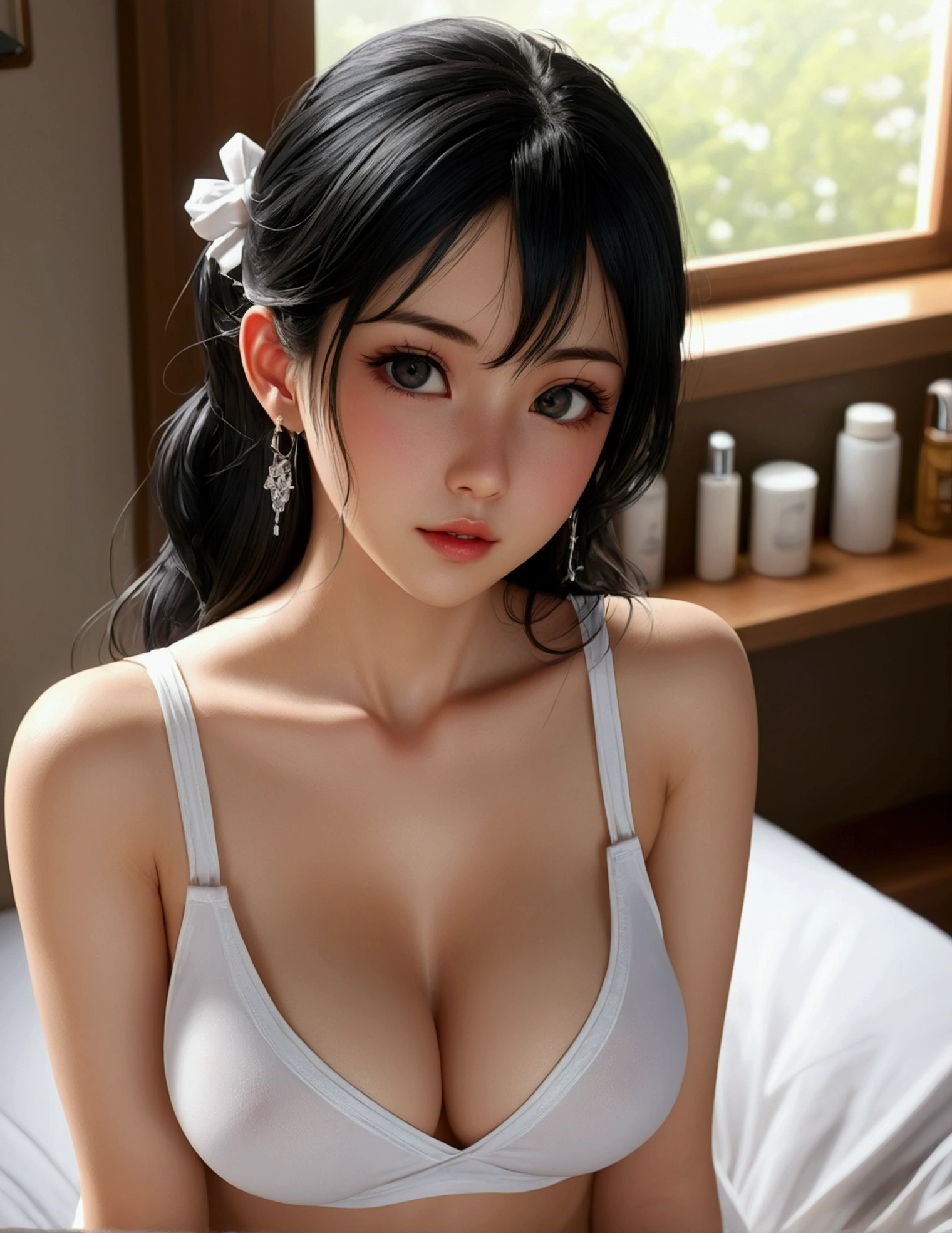 (masterpiece:1.3),(Highest quality:1.4),(Very detailedな:1.5),High resolution,Very detailed,8k,artwork,High level of detail,rendering,High quality,Wide range of colors,(One Woman),(fold your hands behind your back)、Black Hair、Attractive breasts、Beautiful and attractive anime women, Enchanting anime girl,Slippery、black eye、beautiful girl、、quiet、Inconspicuous、Publish locally.、White See-Through Tank Top、Stay at home、Underwear is visible、shaving、Beautiful Skin、bed、(On the neck)tattoo、big hoop earrings、(On the stomach)tattoo、Short Bob、Provocative、Looking down from above