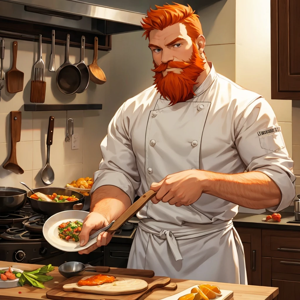 Short, ginger, beard, orange hair, chef attire, kitchen
