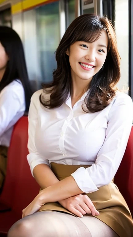 1 female, Thighs, Sitting on a train, office lady, Realistic, RAW Photos, White shirt, Pencil Skirt, hose, pumps,  Medium Hair, bangs, Looking at the audience, Highest quality, ８hair、Big Bms crossed),smile、A big smile、