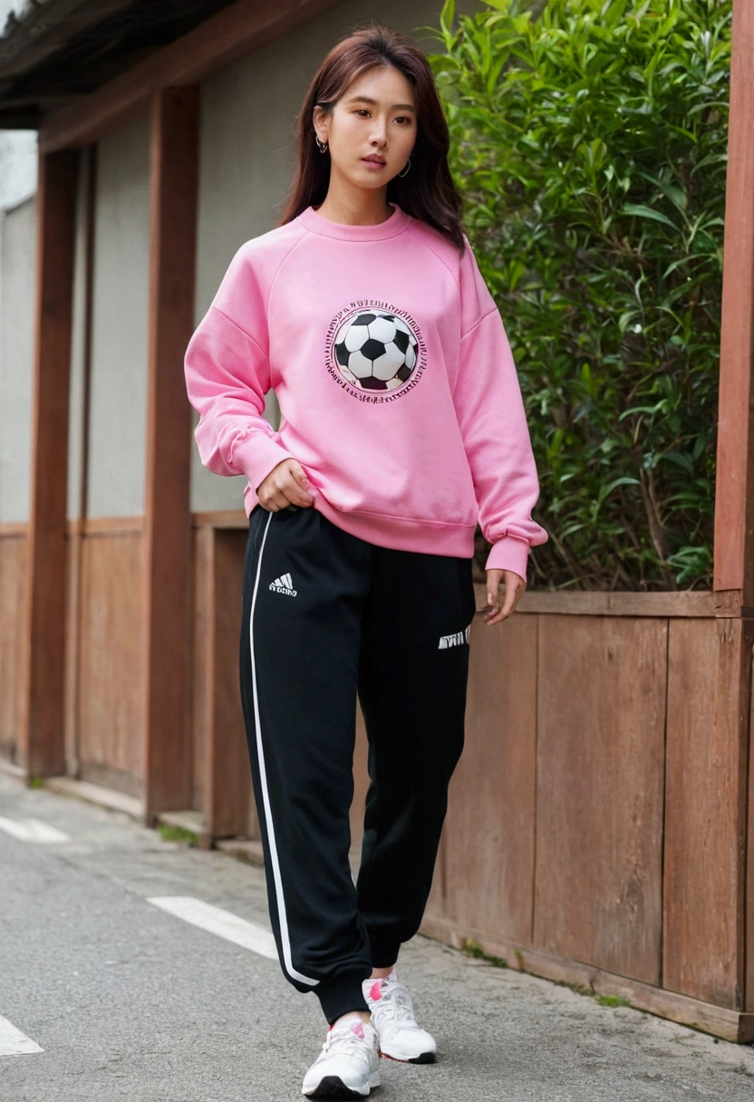 arafed woman in pink Sweatshirt and black pants kicking a soccer ball, woman in Streetwear, pink, pinkの服, Looking at a book, Tracksuitsを着て, Tracksuits, wearing a Tracksuits, Wear athletics clothing, パステルpinkのパーカーを着て, Mid Shot Portrait, かわいいSportswear, Sweat, pinkの雰囲気, Streetwear, Sportswear, Sportswear