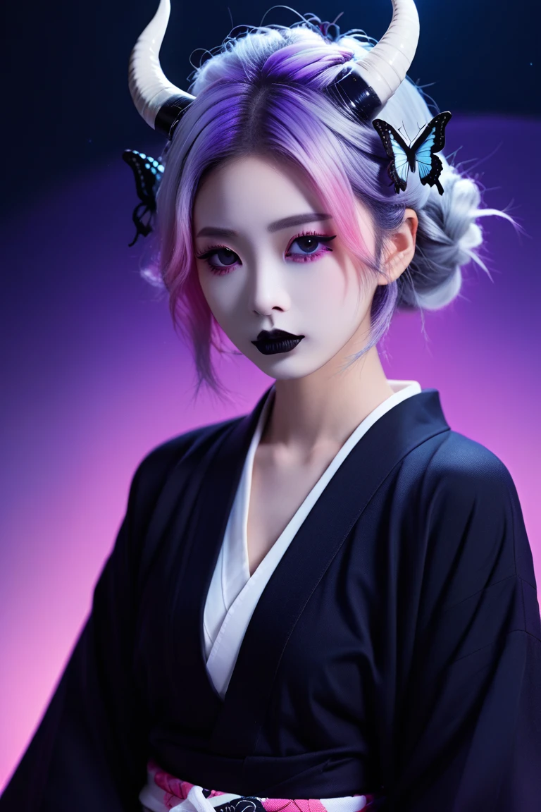 (Highest quality, sketch:1.2),Realistic,Illustrator,anime,1 Girl, Detailed lips,sweater,custom,Pink gradient background,Neon Hair,Texture Cropping,masterpiece, Style: Retro Classic, Dark Black、Braid、Under the Moon、black and purple hair、Beautiful Book、Blue butterfly hair ornament、Upstyle Hair、Hair is a night ,Scary demon、Black eyes、Horns growing、Japanese demon、Darken the whites of the eyes、wear Kimono、Pure white skin、Black lipstick、Black eyes、Very scary、Creepy、Horror