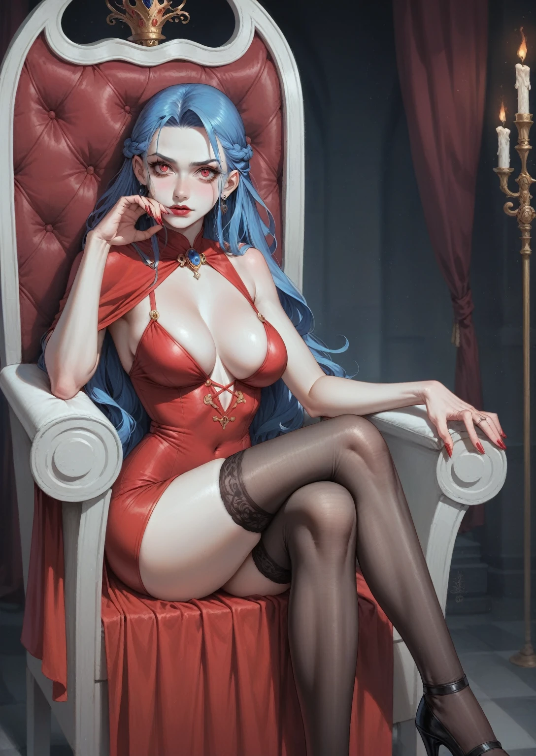 there is a woman sitting in a chair with a red dress, castlevania witch, shalltear from overlord, scary queen of death, succubus in tight short dress, a beautiful sorceress, commission for high res, portrait of a sorceress, evil sorceress, some red and purple, portrait of jinx from arcane