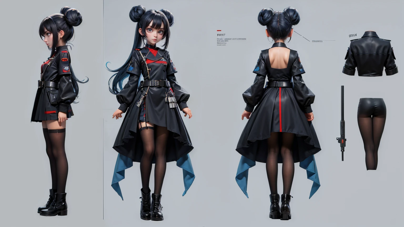 girl, wearing a wearing a soldier's uniform with a laser gun, red and black hair, Double Bun , Sage Grey color, gaming full straight standing pose, 14yo student, , Full body, girl, , Simple plain background, HD, standing, modern , front view, modern dresses, unique,+3 View prompt standing, 3 View Drawings, side and Front and back, Character Sheet, Full body, Simple white background, character reference sheet, Concept art, design sheet, Character Design, full body adoptable horizontal clear and blue hair