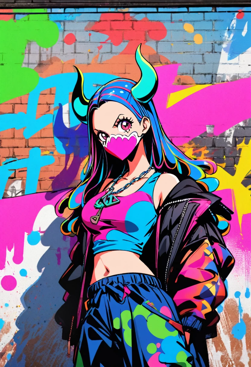 1girl, Ulti (One Piece), graffiti style, saturated colors, urban background,
dual horns, pink mask, spray paint texture,
graffiti-inspired outfit, neon blue crop top, baggy pants with graffiti patterns,
oversized jacket covered in colorful tags, string tie reimagined as spray paint necklace,
vibrant hair with paint splatter effect,
blending with colorful graffiti wall, dynamic pose,
street art atmosphere, masterpiece, best quality, absurdres