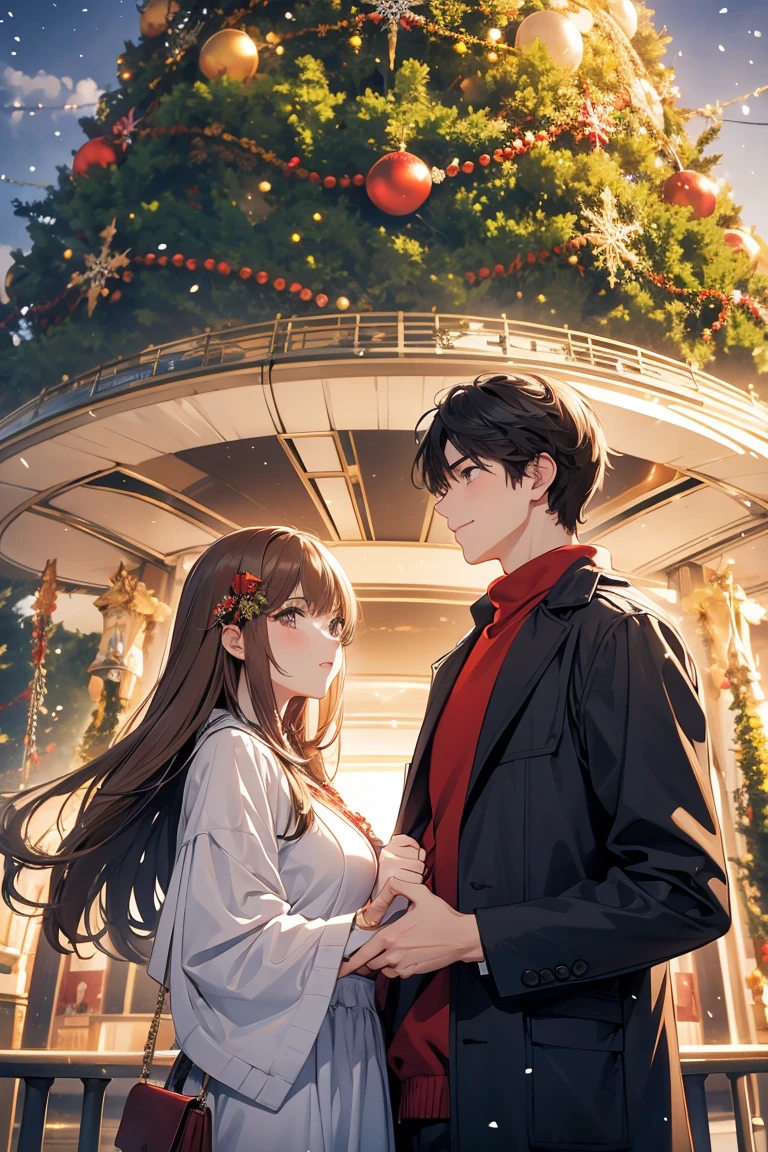 1 A male and female couple, meet under the giant very big Christmas tree.