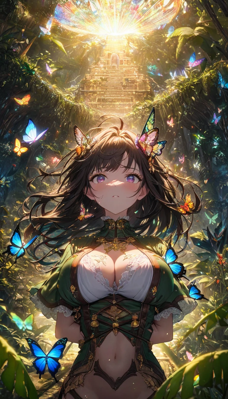 Highest quality, Highest quality, 16K, software, Unbelievably absurd, Very detailed, delicate and dynamic, Natural light, The particles reflect light beautifully, Diffuse reflection of light, Vortex of Light, jungle, jungleに隠された美しい古代遺跡, Colorful butterflies fluttering, Wildlife, firefly, 隠されたtreasure, maze, Skeleton, Create amazing image effects, Body close-up, pyramid, (Cute sexy girl, firm bouncing busts, Sensual expression, Passionate,Serious, Uplifting, Explorer, River Jacket, Explorerの装備, Explorerの服装, Leather boots, treasure)