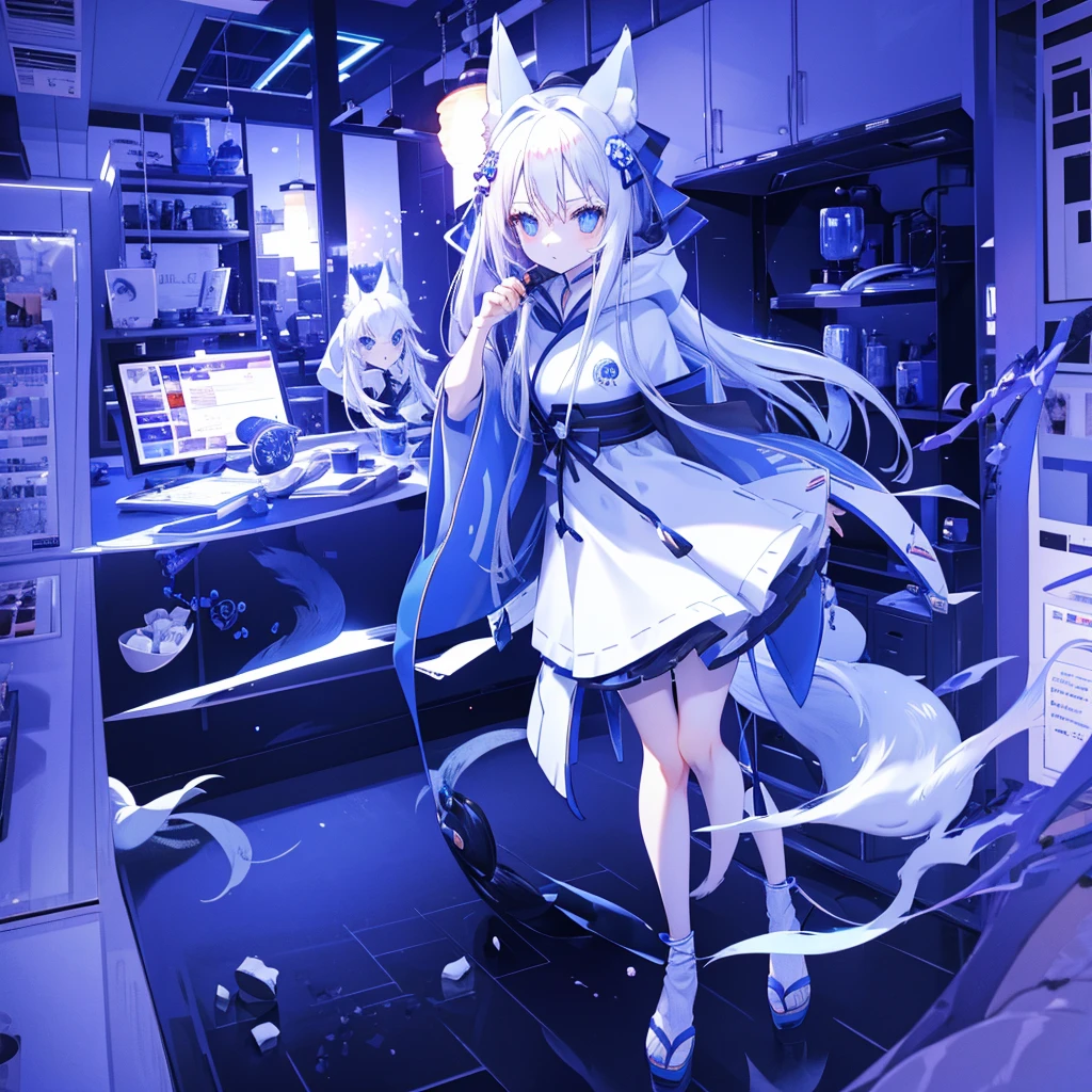 Fox girl,blue eyes,hoodie,long white hair,tail,holding a kitchen knife,wearing a fox Japan mask