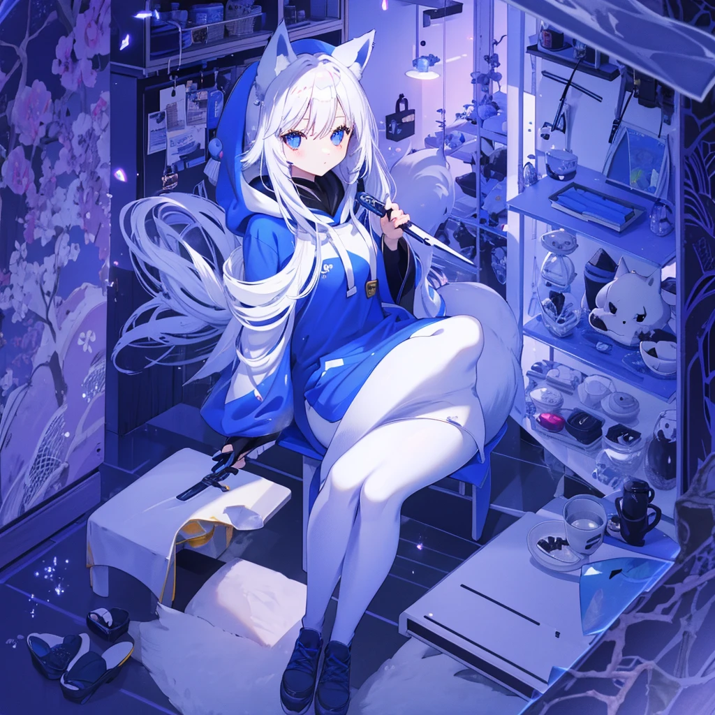 Fox girl,blue eyes,hoodie,long white hair,tail,holding a kitchen knife,wearing a fox Japan mask