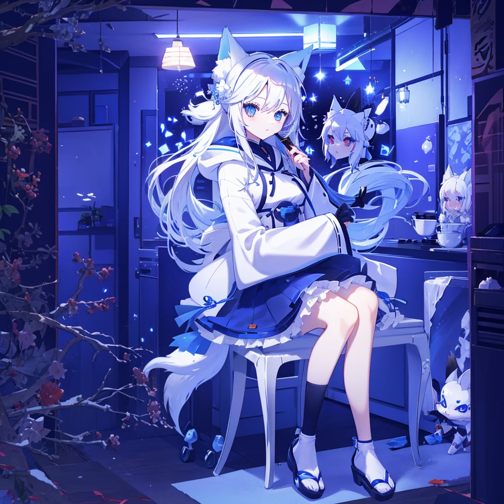 Fox girl,blue eyes,hoodie,long white hair,tail,holding a kitchen knife,wearing a fox Japan mask
