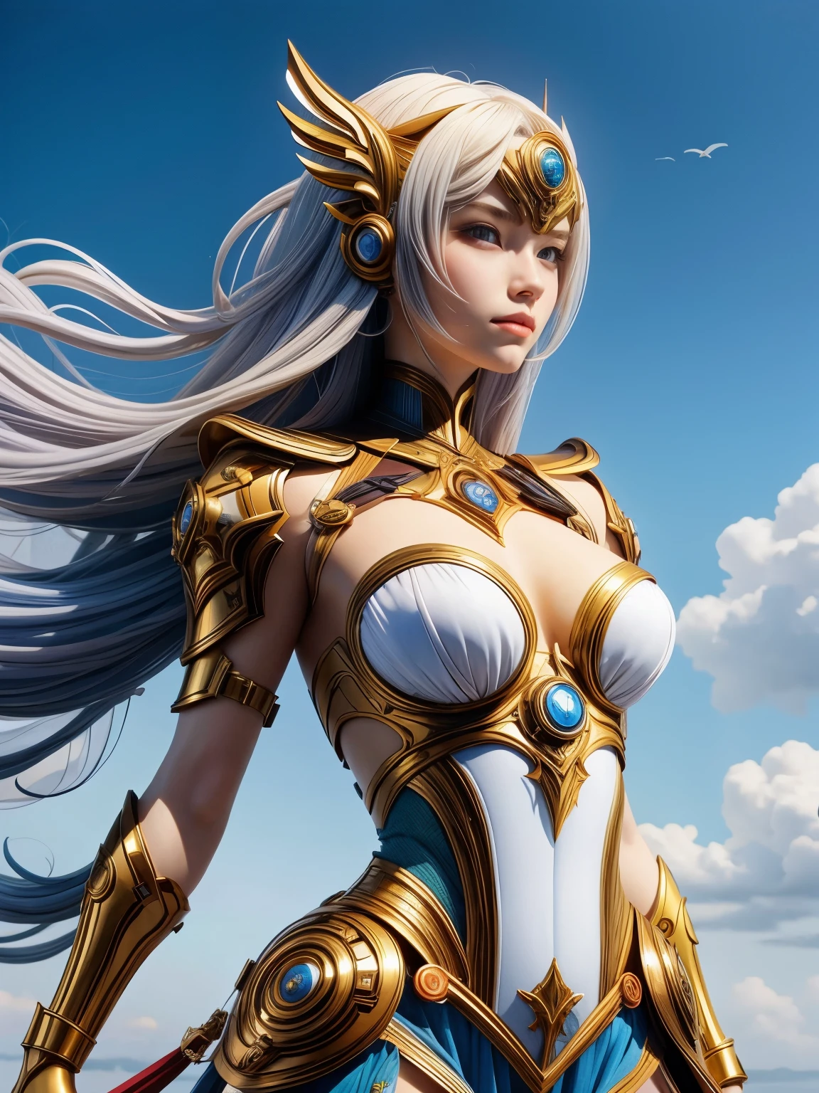 (high quality), (masterpiece), (detailed), 8K, Hyper-realistic illustration portrays (Japanese girl1.3) in (Athena attire1.2), highlighting (delicate features1.4) and (luminous skin1.2). Upper body focus, with (confident pose1.3) and (determined gaze1.2). In style of Takashi Murakami, trending on DeviantArt.