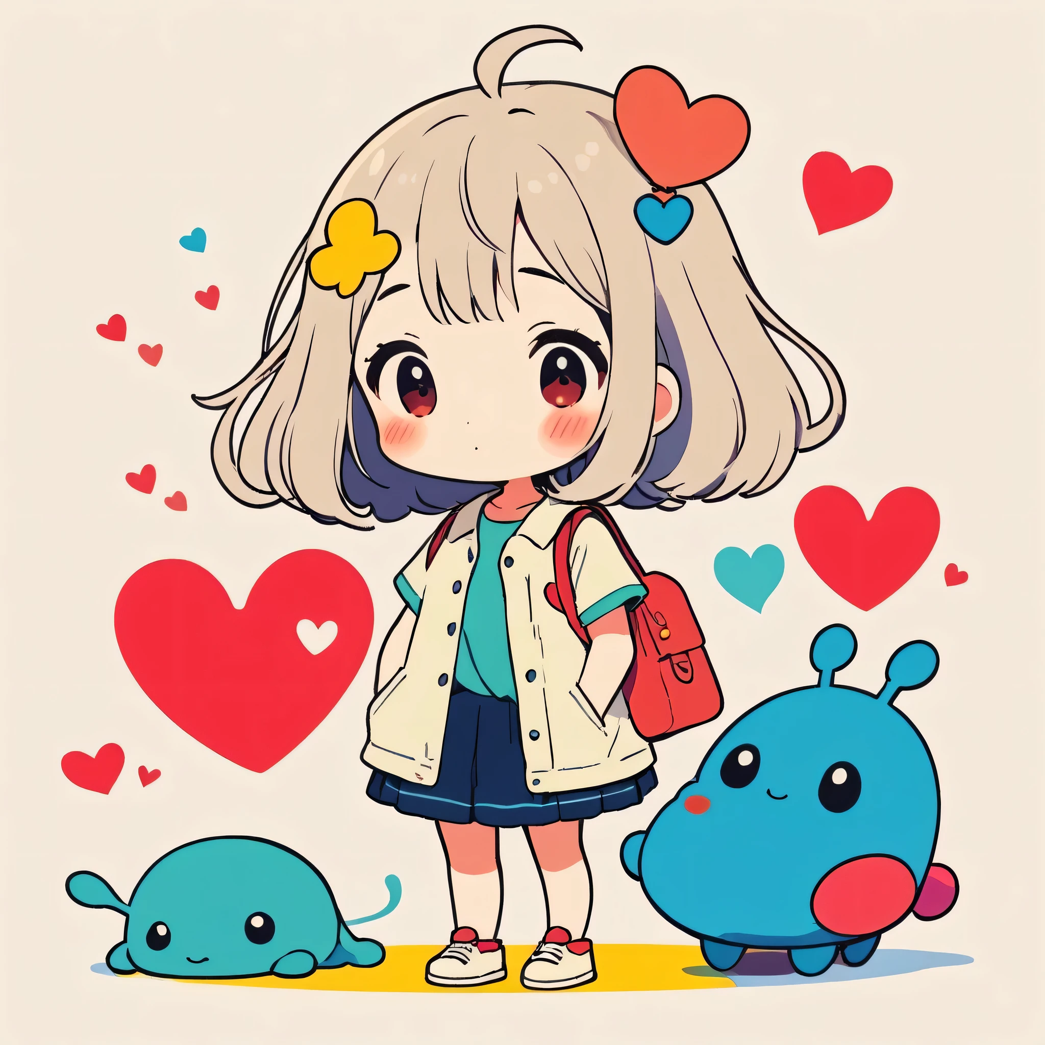Hayao Miyazaki colorful style, Simple Line Initialism，Abstract art，Kawaii Design, The most beautiful girl of all time、chibi, (((Cute pillbugs))), colorful hearts, summer version