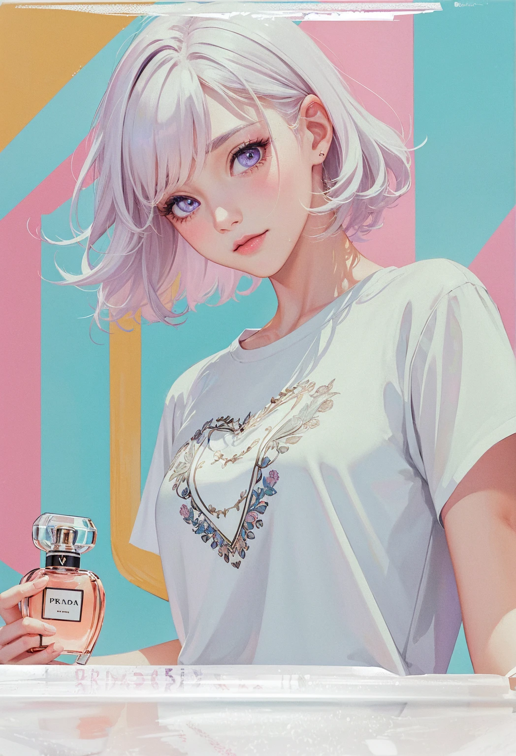 Beauty, High nose, Long eyelashes, 目にLight, Pink Lips, Closed Mouth, pastel colour, purple, Dull pink, Dull Blue, heart, Light, Strong winds, Fluttering Hair, 目にLight, White Skin, Big eyes, Inner color hair, turn around, Get wet, short hair, cute, 30 years old, perfume, Prada, glossy, charm, Real, summer, null, smile, Weather showers, Wolf Hair, Big white t-shirt, Gray Hair,