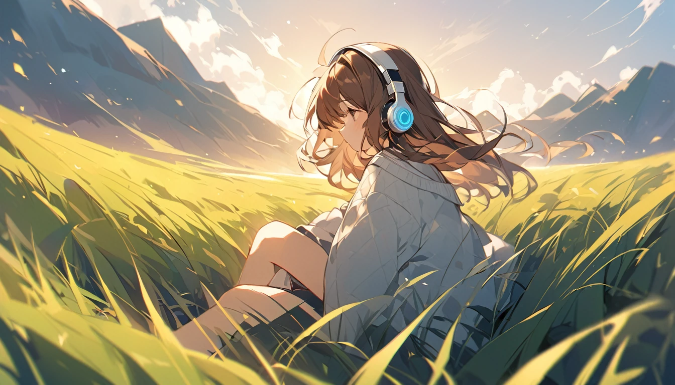 Girl wearing headphones。Brown Hair。1 person。bright。In the wide grassland、A girl sitting with headphones on and her hair blowing in the wind。