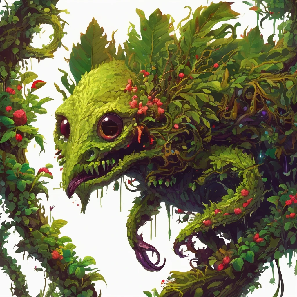 Isometric view, digital painting of a poisonous Plant and bush assemblage creature with eyes, mouth , walking, masterpiece, ultra quality, high quality Dark fantasy style, fine brushwork, white background, white background