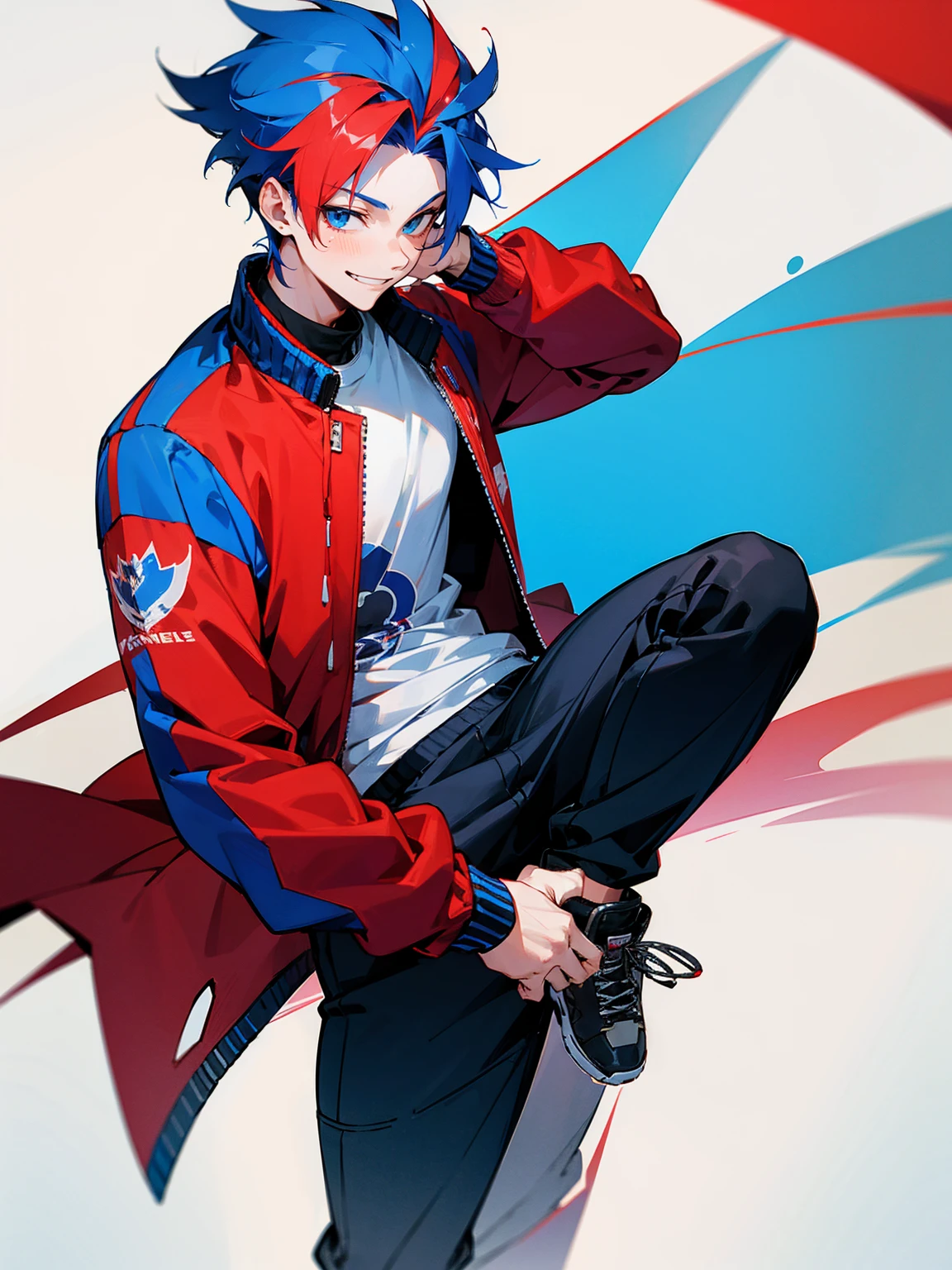 1male, adult, red and blue hair, two toned hair, red and blue varsity jacket, black sweatpants, smile, lean build