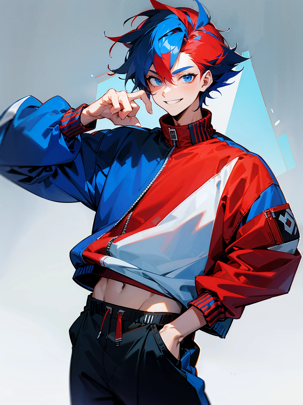 1male, adult, red and blue hair, two toned hair, red and blue varsity jacket, black sweatpants, smile, lean build