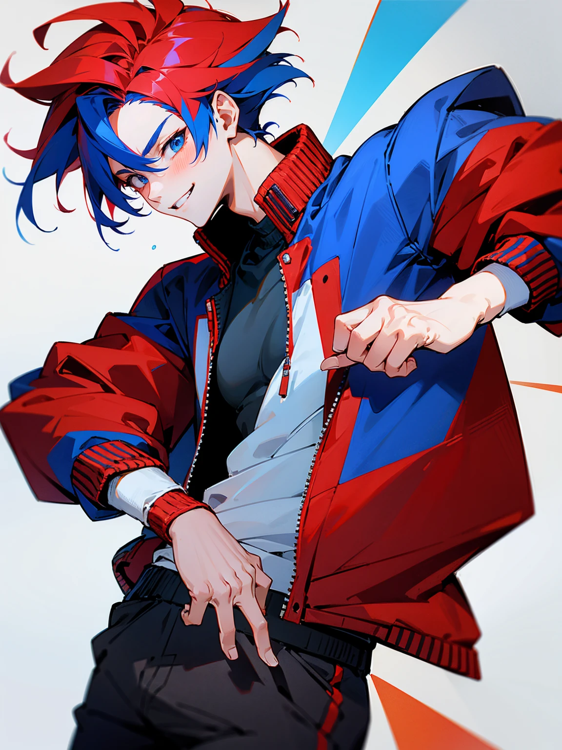 1male, adult, red and blue hair, two toned hair, red and blue varsity jacket, black sweatpants, smile, lean build