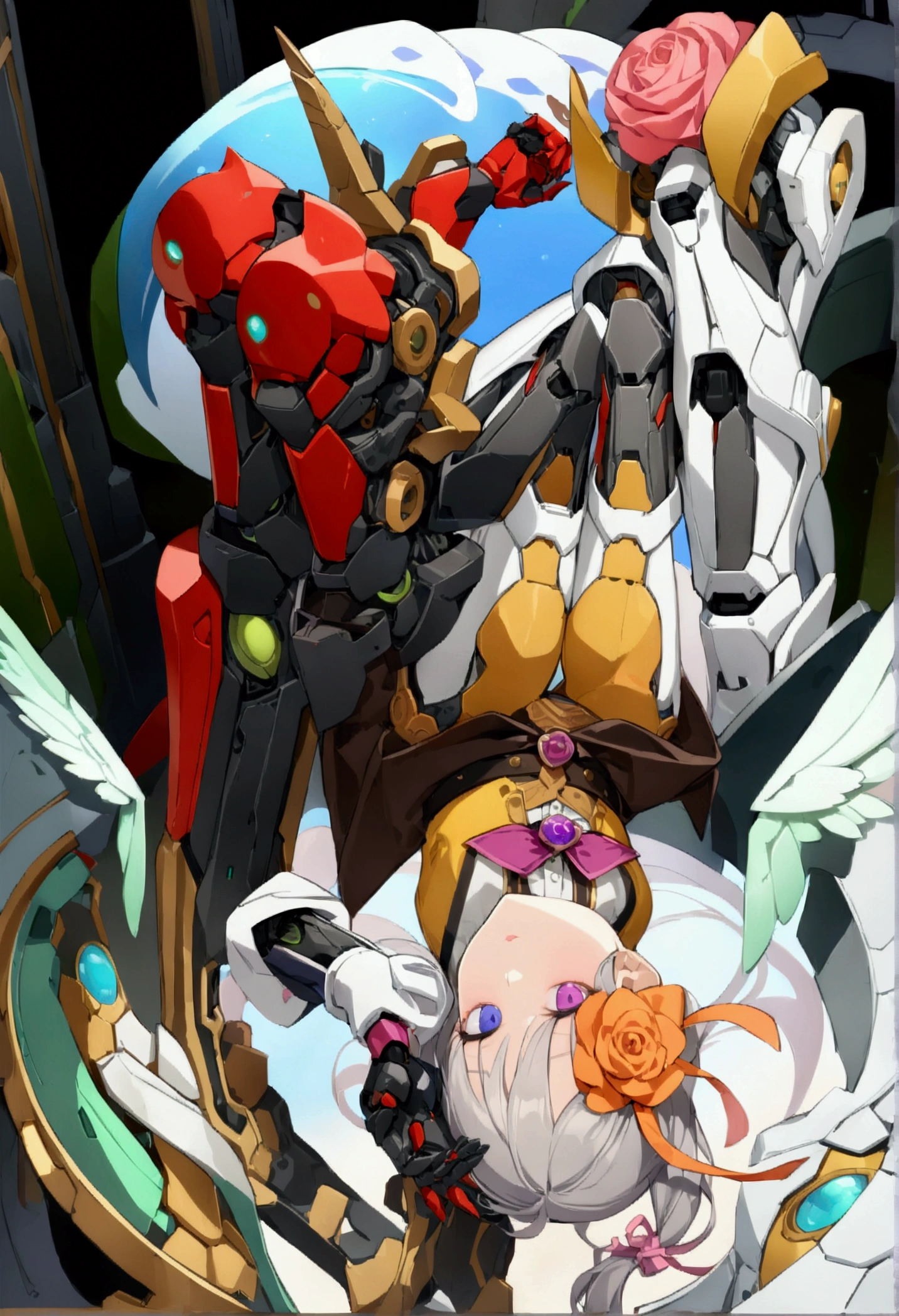 woman 165cm tall, slim build, , charming look, ((heterocromia: look like, derecho naranja y look like izquierdo violeta)), (Shoulder Length Wavy Gray Hair, a short braid on the left side of the hair, big open bangs, golden gear hairpin in hair), (((complex mechanical legs up to the hip, The legs are black with gray parts with small pink details))), (((complex mechanical arms up to the elbows, The arms are black with gray parts with small pink details))), (complex white mechanical angel wings with pastel green parts), (elegant black French beret with an orange rose ribbon), (stylish white short sleeve button down shirt, dark brown shorts from the waist, elegant black belt, small rose brooch on the neck, beautiful mechanical stiletto heels), extremely detailed beautiful hair, beautiful detailed clothing, extremely detailed arms, extremely detailed face, (Extremely detailed hands), perfect hands, small face, hermosos look likes detallados, beautiful detailed lips, adorable, extremely detailed legs, (Best Quality, 8k, ultra resolution), ultra detailed, Exquisite and epic character art, ((simple background)), (Focus on symmetry), (extremely detailed wings), (((Detailed full body concept art))), (((character design sheet: Front view)))
