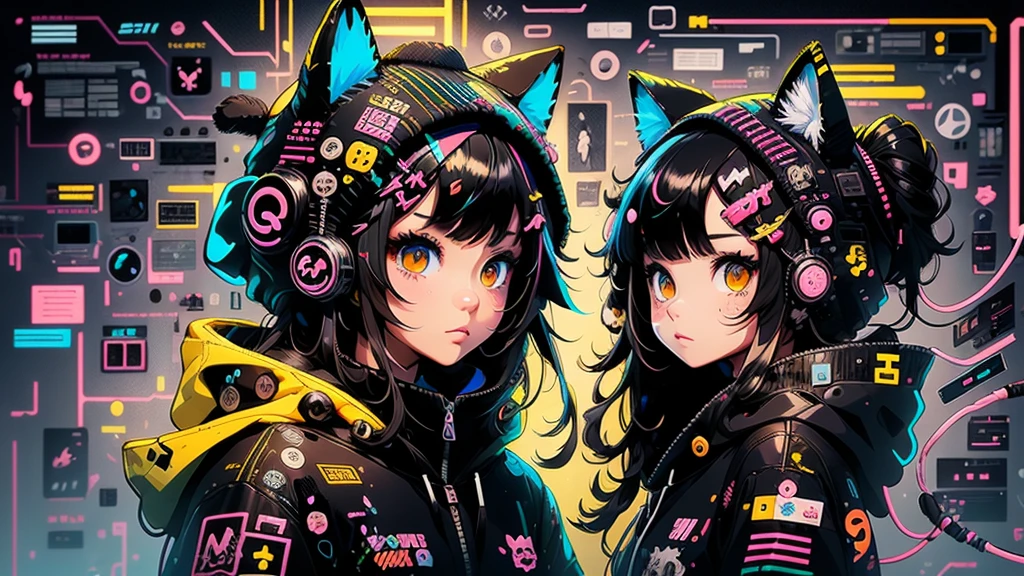 Anime girl with black hair and cat hat, anime style illustration, Mo Artstyle, 8k wallpaper, digital illustration, Hermosa the cat, He wears a hoodie with animal ears and TechnoWear technology., futuristic fashion in black and holographic colors, Lots of details and buttons., cables come out of sleeves, The background is a simple pattern with cat and paw motifs.