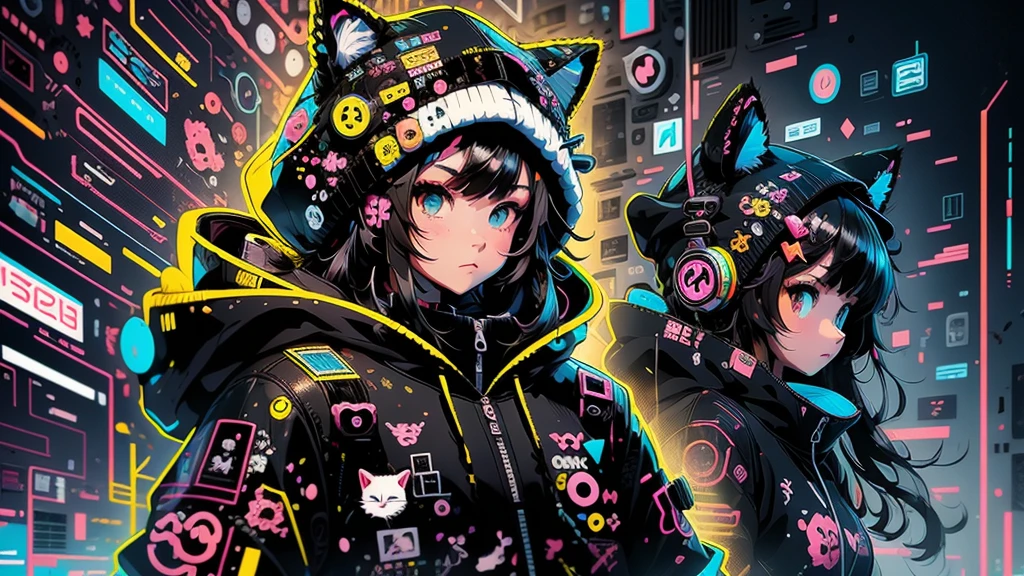 Anime girl with black hair and cat hat, anime style illustration, Mo Artstyle, 8k wallpaper, digital illustration, Hermosa the cat, He wears a hoodie with animal ears and TechnoWear technology., futuristic fashion in black and holographic colors, Lots of details and buttons., cables come out of sleeves, The background is a simple pattern with cat and paw motifs.