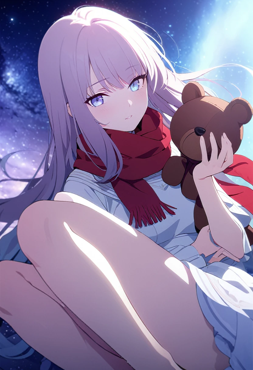 (((masterpiece))), (((best quality))),(((high detail))),light manipulation, girl with long hair, gradient purple to sky blue eyes, wearing a white dress, a red scarf, galaxy background, holding a teddy bear, feet, no footwear, close up