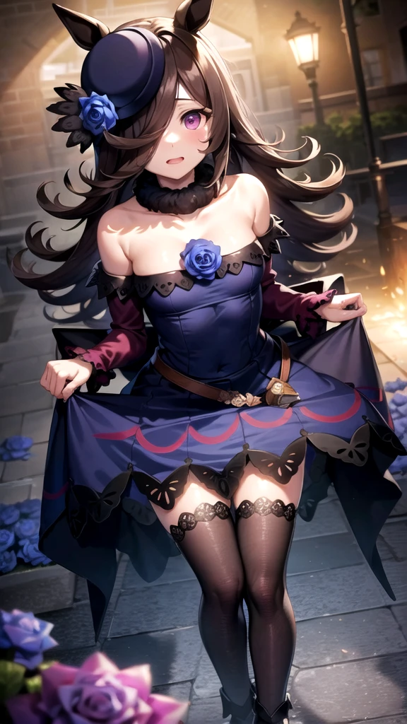 masterpiece, best quality, highres, rice shower \(umamusume\),brown dark hair,long hair,purple eyes,swept bangs,long bangs,long hair,small breast,hair covers right eye,small formal hat on right ear,Purple rose on the hat,purple dark dress,bare shoulders,fur collar,blue rose,short dress,boots,tachi-e, looking at viewer,